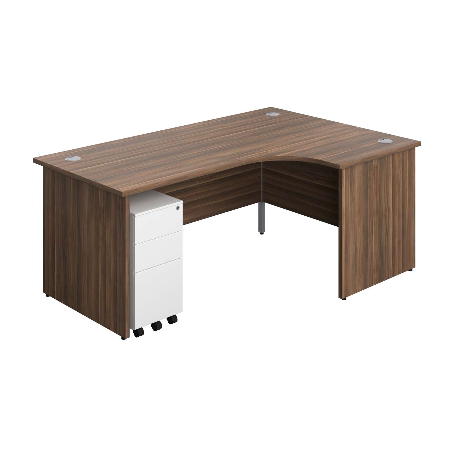 Panel Right Hand Radial Desk + 3 Drawer Slimline Steel Mobile Pedestal Bundle (FSC) | 1800X1200 | Dark Walnut/White