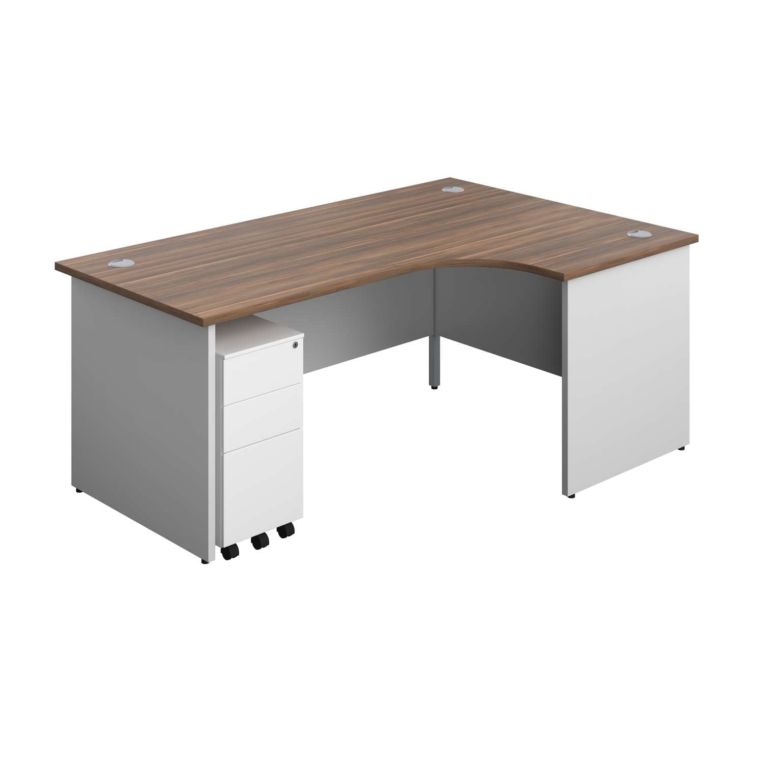 Panel Plus Right Radial Desk + 3 Drawer White Slimline Steel Mobile Pedestal Bundle (FSC) | 1800X1200 | Dark Walnut/White