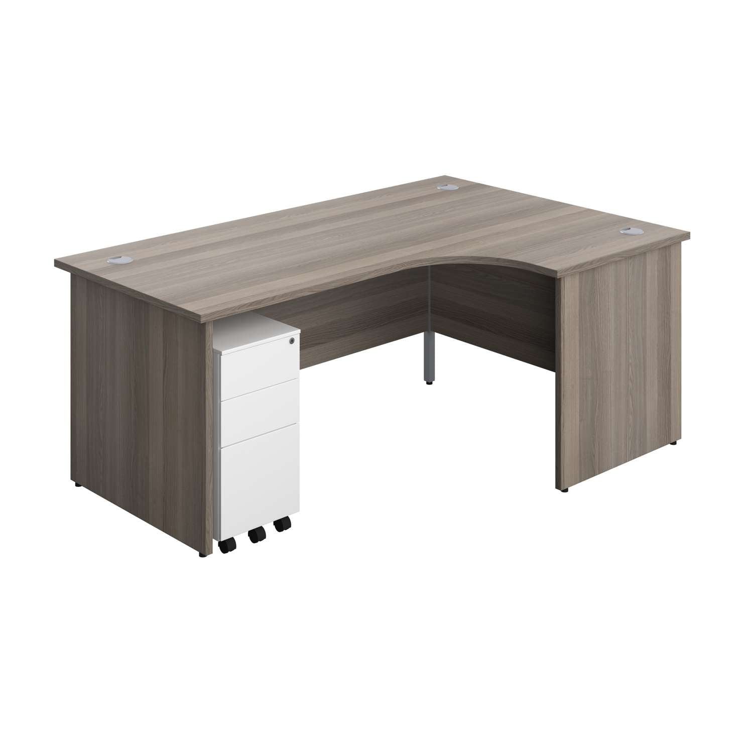 Panel Right Hand Radial Desk + 3 Drawer Slimline Steel Mobile Pedestal Bundle (FSC) | 1800X1200 | Grey Oak/White