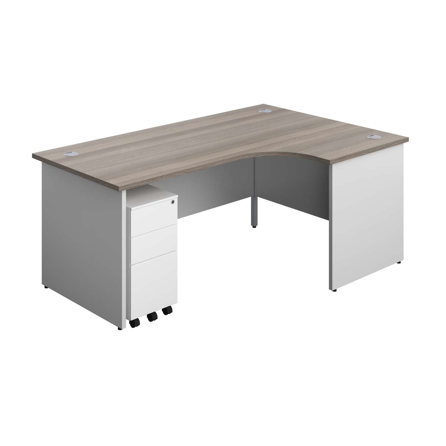 Panel Plus Right Radial Desk + 3 Drawer White Slimline Steel Mobile Pedestal Bundle (FSC) | 1800X1200 | Grey Oak/White