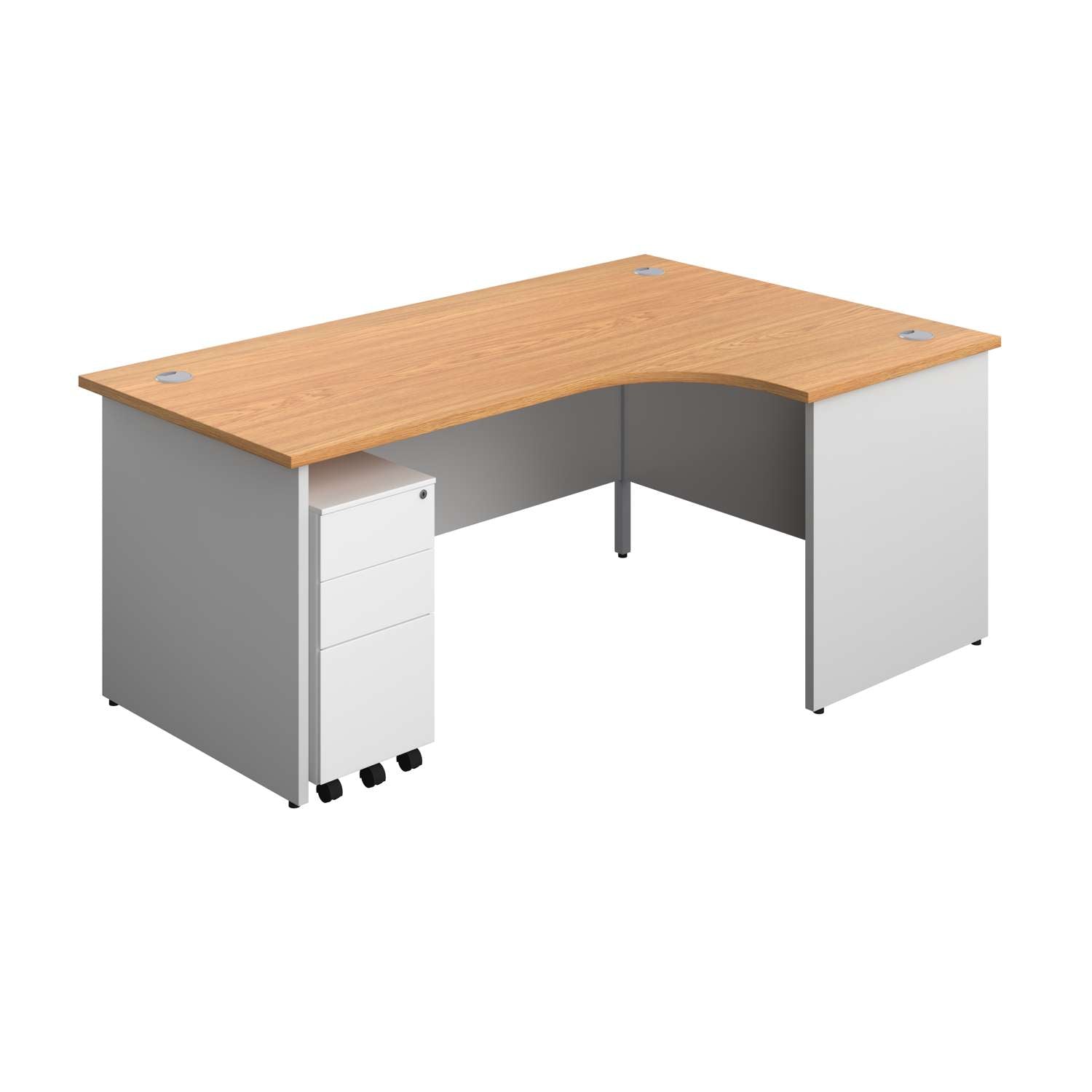 Panel Plus Right Radial Desk + 3 Drawer White Slimline Steel Mobile Pedestal Bundle (FSC) | 1800X1200 | Nova Oak/White