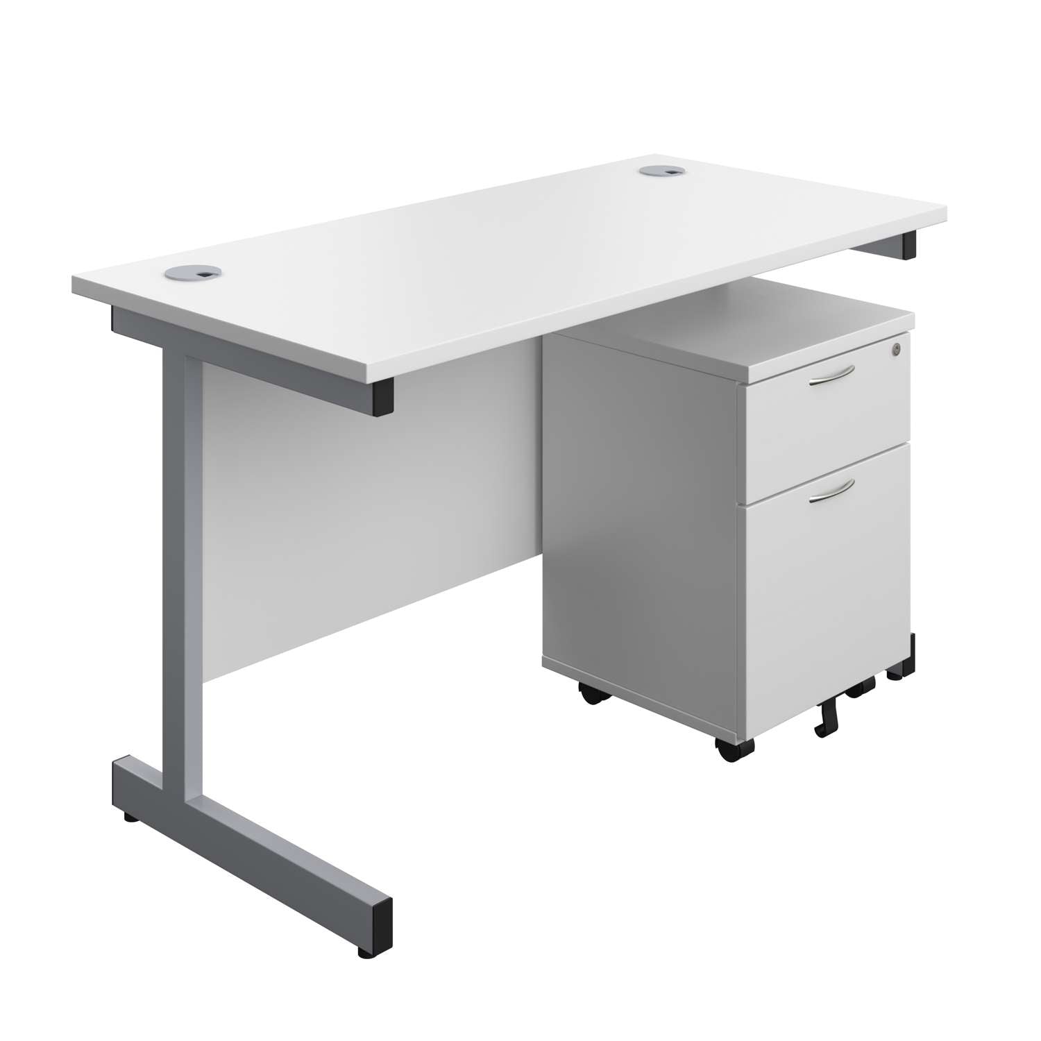 Single Upright Rectangular Desk + Mobile 2 Drawer Pedestal (FSC) | 1200 X 600 | White/Silver