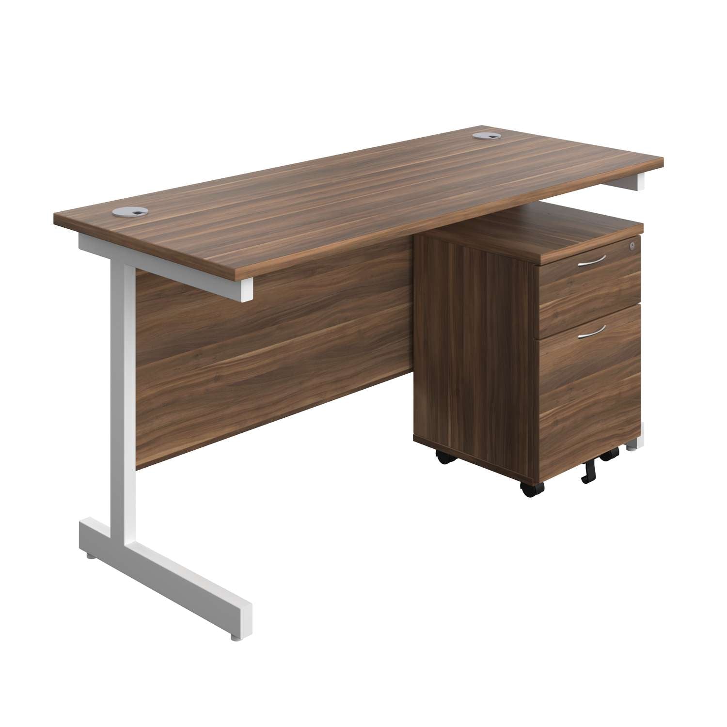 Single Upright Rectangular Desk + Mobile 2 Drawer Pedestal (FSC) | 1400 X 600 | Dark Walnut/White