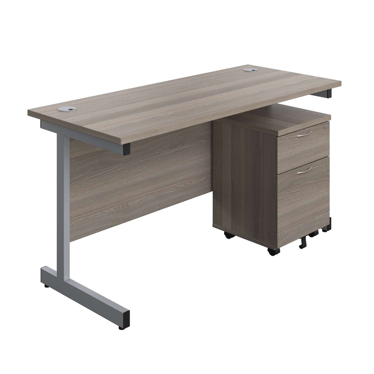 Single Upright Rectangular Desk + Mobile 2 Drawer Pedestal (FSC) | 1400 X 600 | Grey Oak/Silver