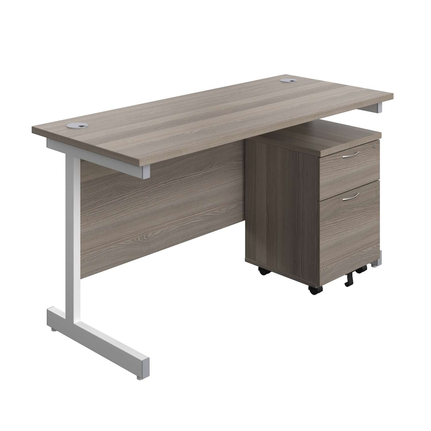 Single Upright Rectangular Desk + Mobile 2 Drawer Pedestal (FSC) | 1400 X 600 | Grey Oak/White