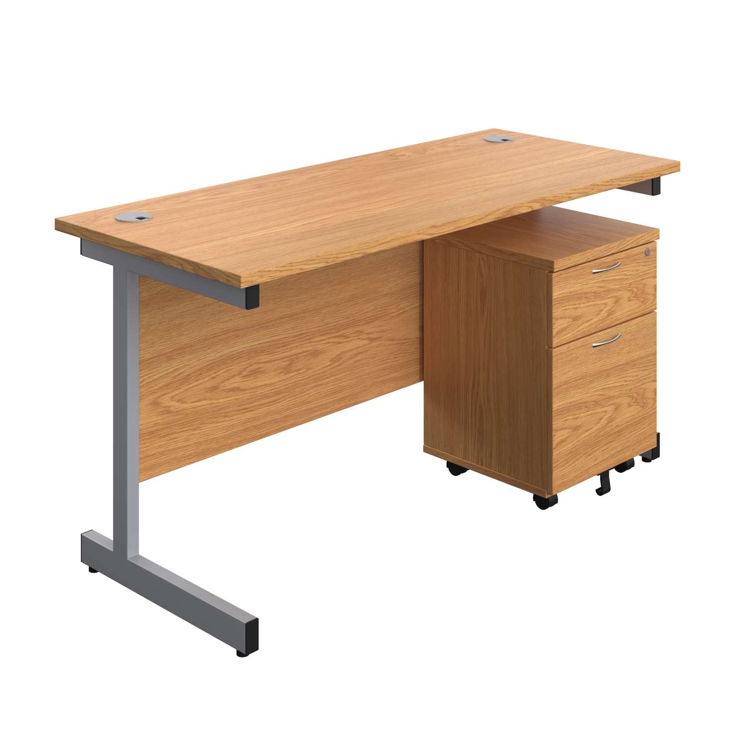 Single Upright Rectangular Desk + Mobile 2 Drawer Pedestal (FSC) | 1400 X 600 | Nova Oak/Silver