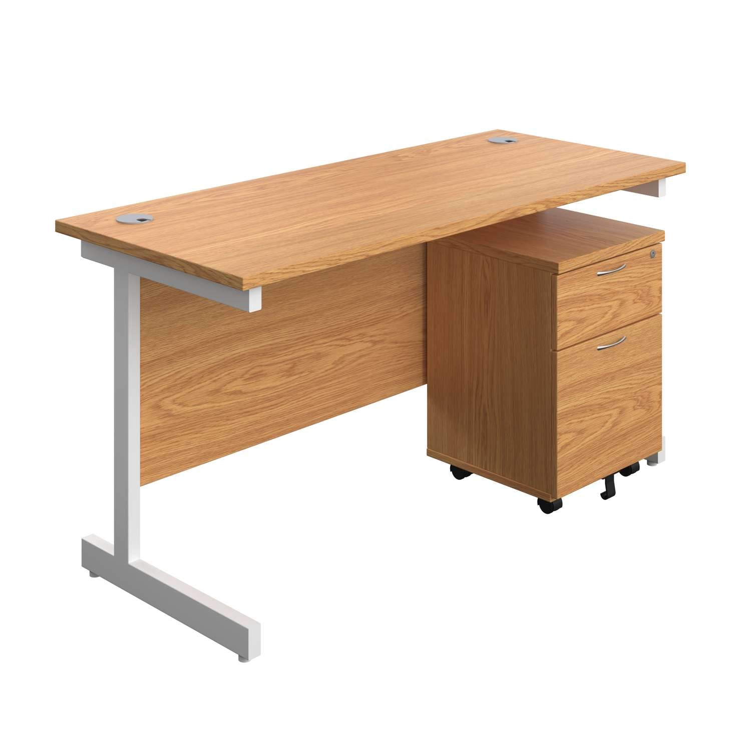 Single Upright Rectangular Desk + Mobile 2 Drawer Pedestal (FSC) | 1400 X 600 | Nova Oak/White
