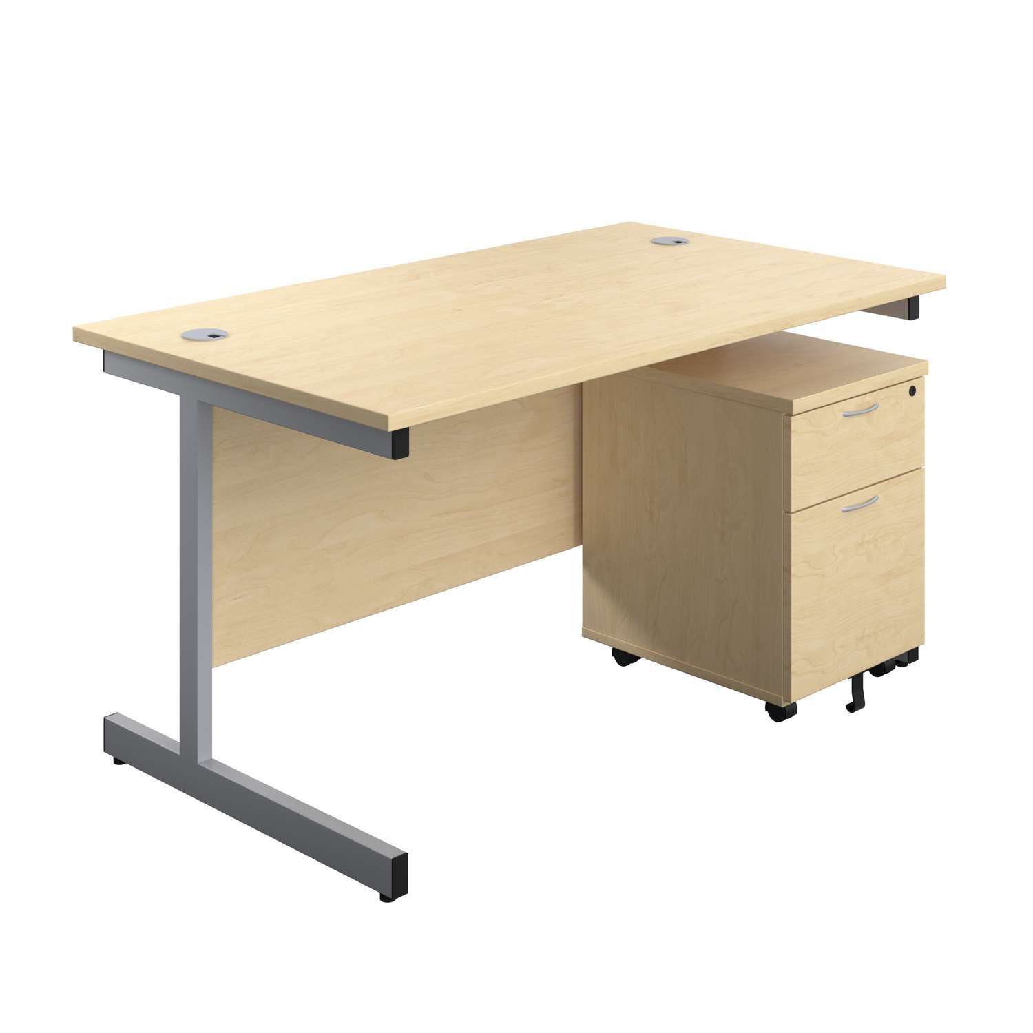 Single Upright Rectangular Desk + Mobile 2 Drawer Pedestal (FSC) | 1400 X 800 | Maple/Silver