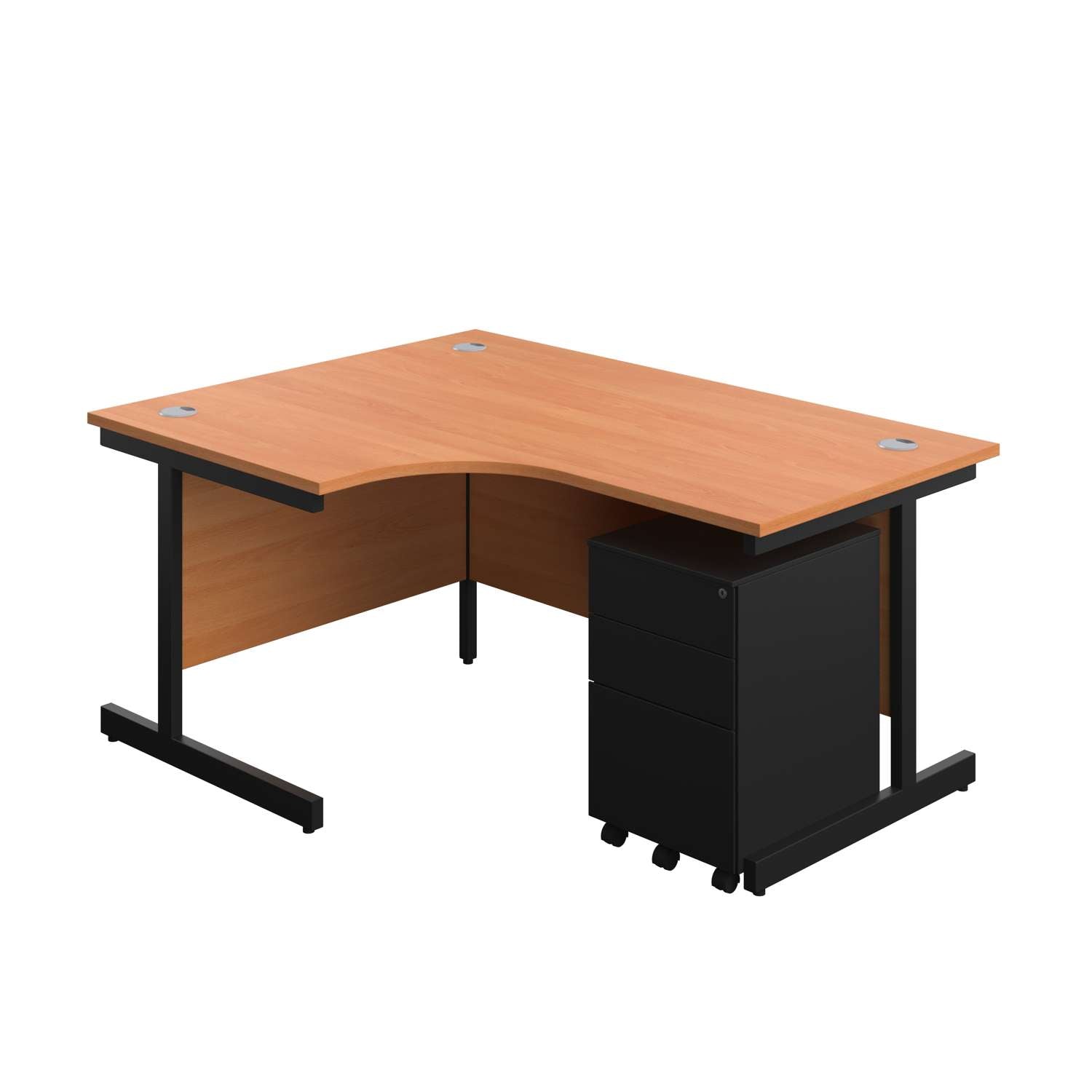 Single Upright Left Hand Radial Desk + Under Desk Steel Pedestal 3 Drawers (FSC) | 1600 X 1200 | Beech/Black