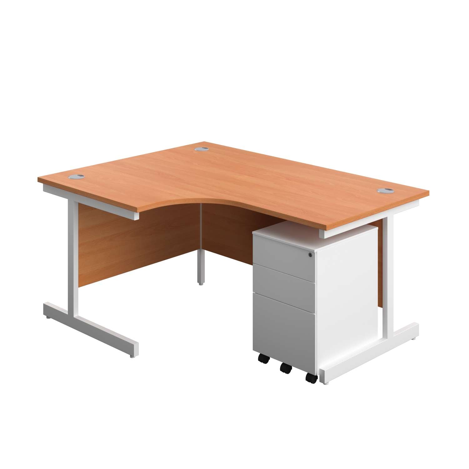 Single Upright Left Hand Radial Desk + Under Desk Steel Pedestal 3 Drawers (FSC) | 1600 X 1200 | Beech/White