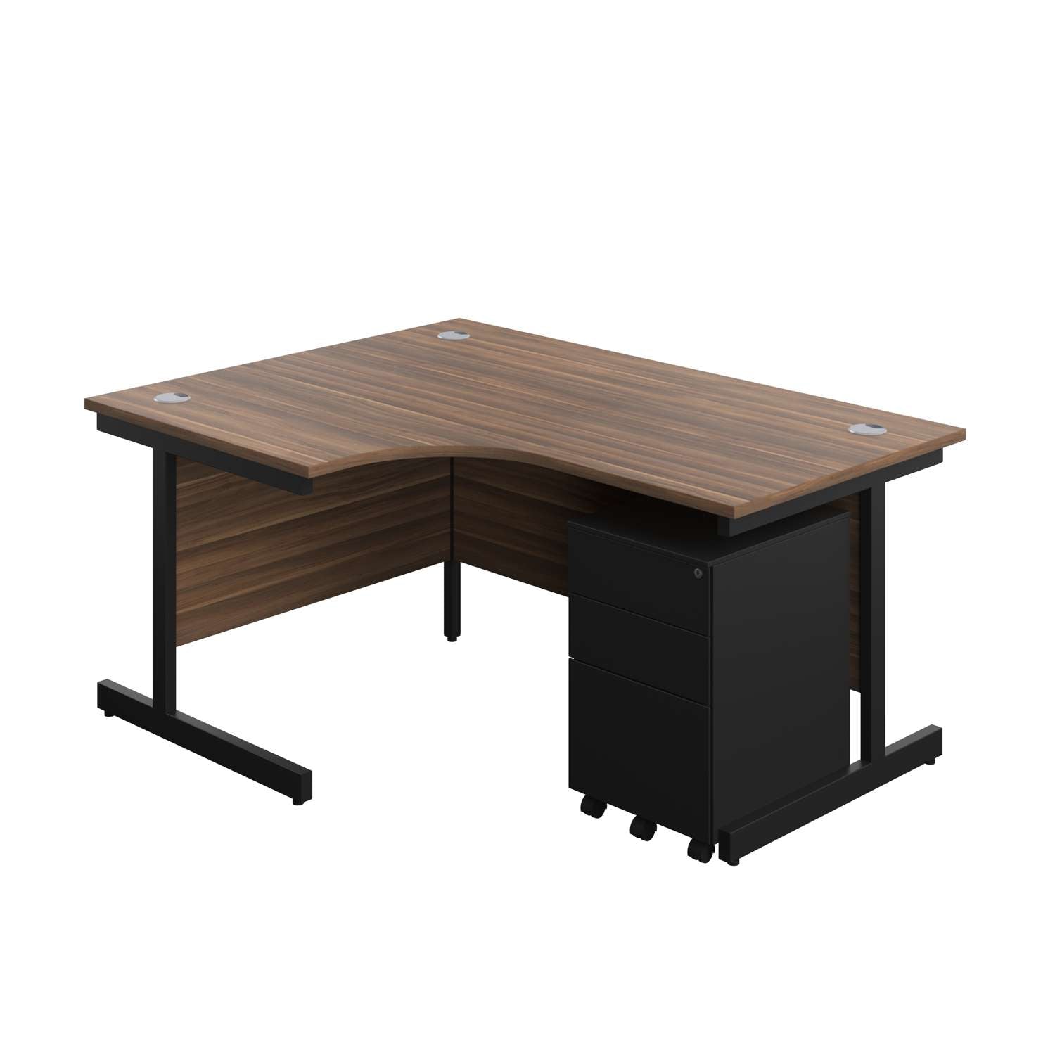 Single Upright Left Hand Radial Desk + Under Desk Steel Pedestal 3 Drawers (FSC) | 1600 X 1200 | Dark Walnut/Black
