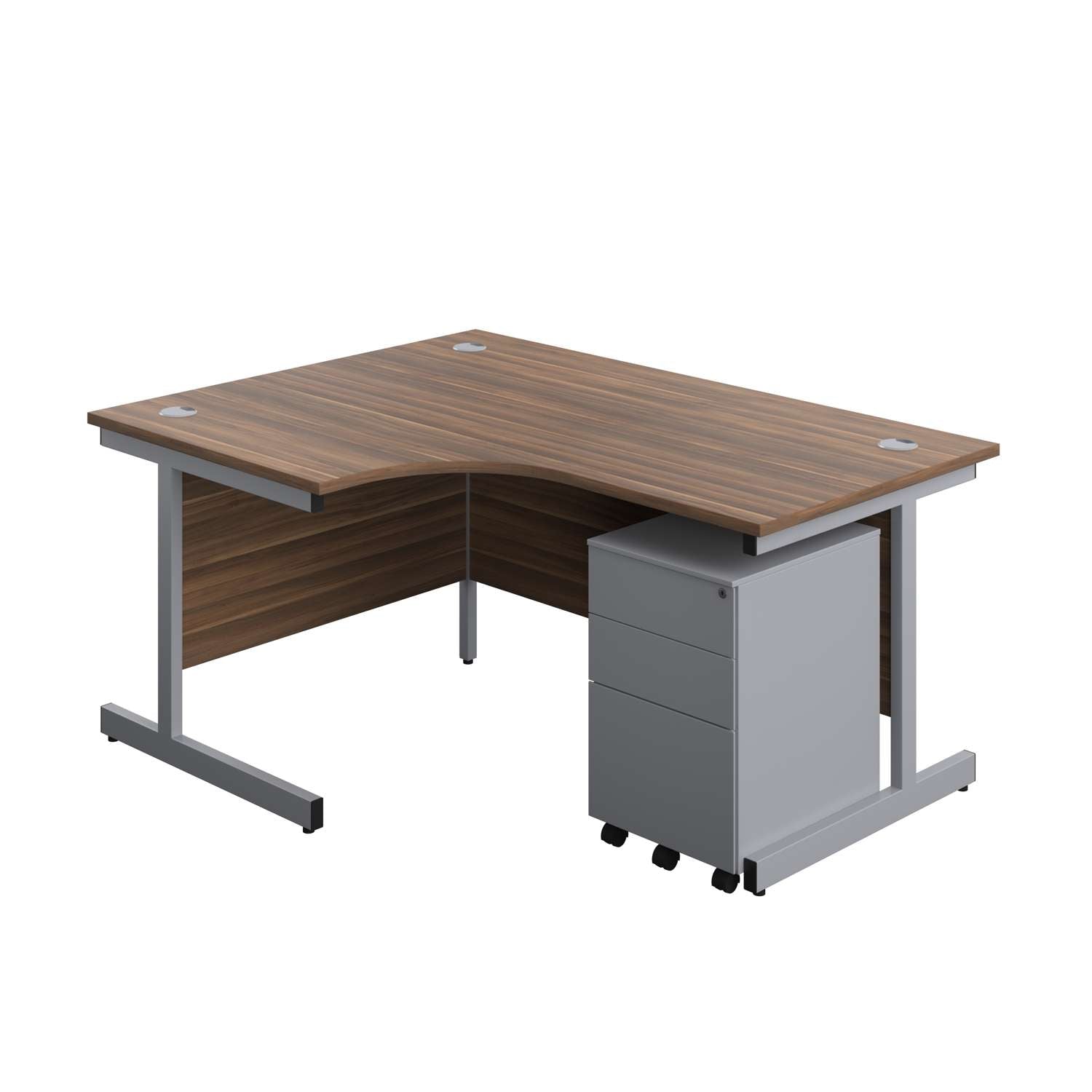 Single Upright Left Hand Radial Desk + Under Desk Steel Pedestal 3 Drawers (FSC) | 1600 X 1200 | Dark Walnut/Silver