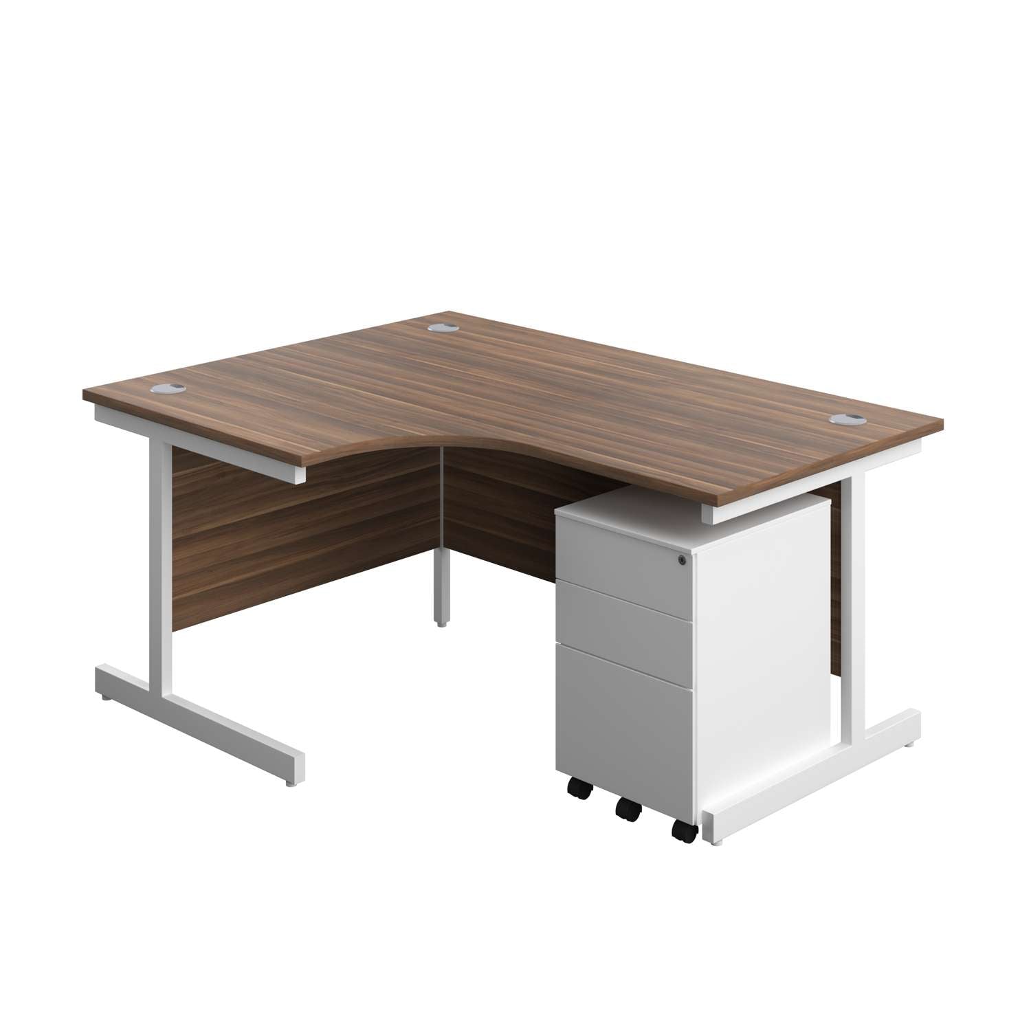 Single Upright Left Hand Radial Desk + Under Desk Steel Pedestal 3 Drawers (FSC) | 1600 X 1200 | Dark Walnut/White