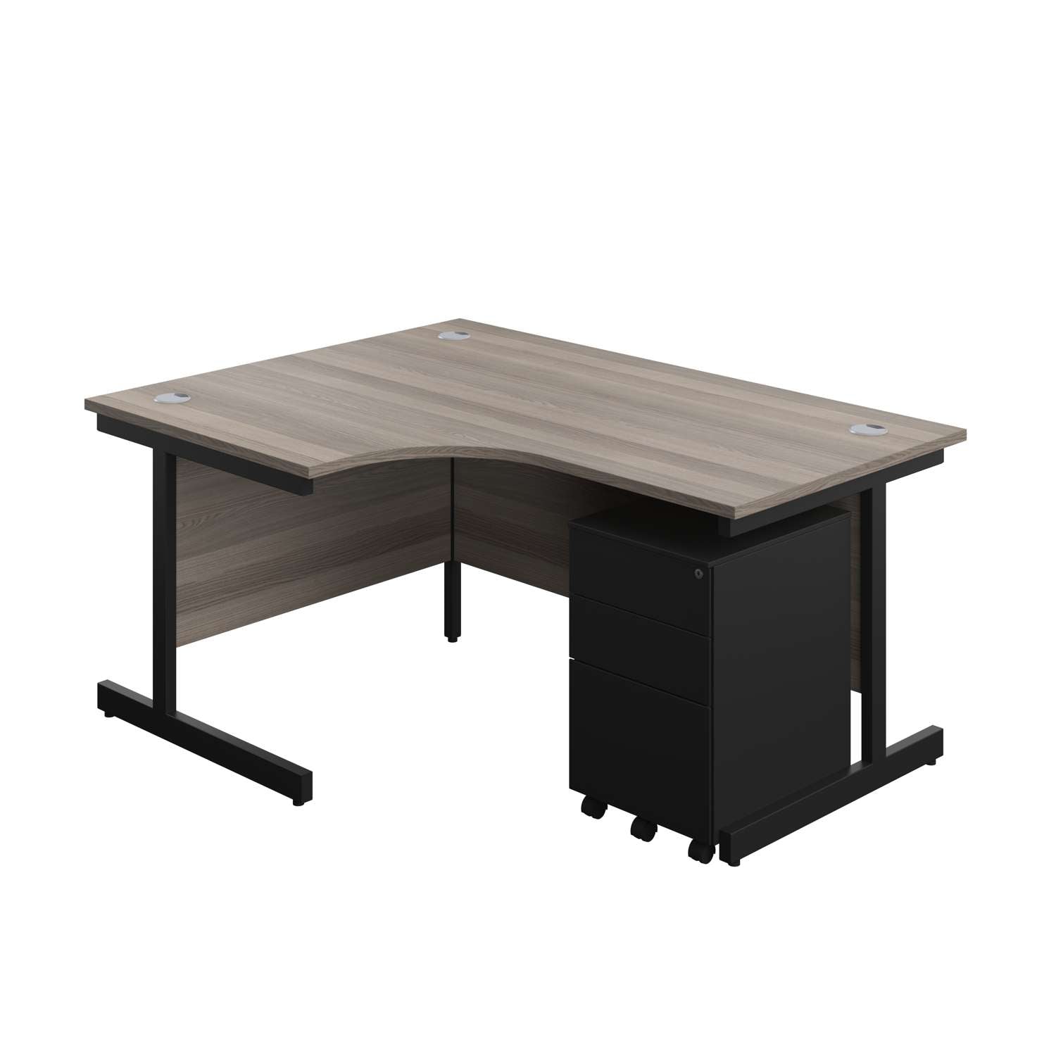 Single Upright Left Hand Radial Desk + Under Desk Steel Pedestal 3 Drawers (FSC) | 1600 X 1200 | Grey Oak/Black