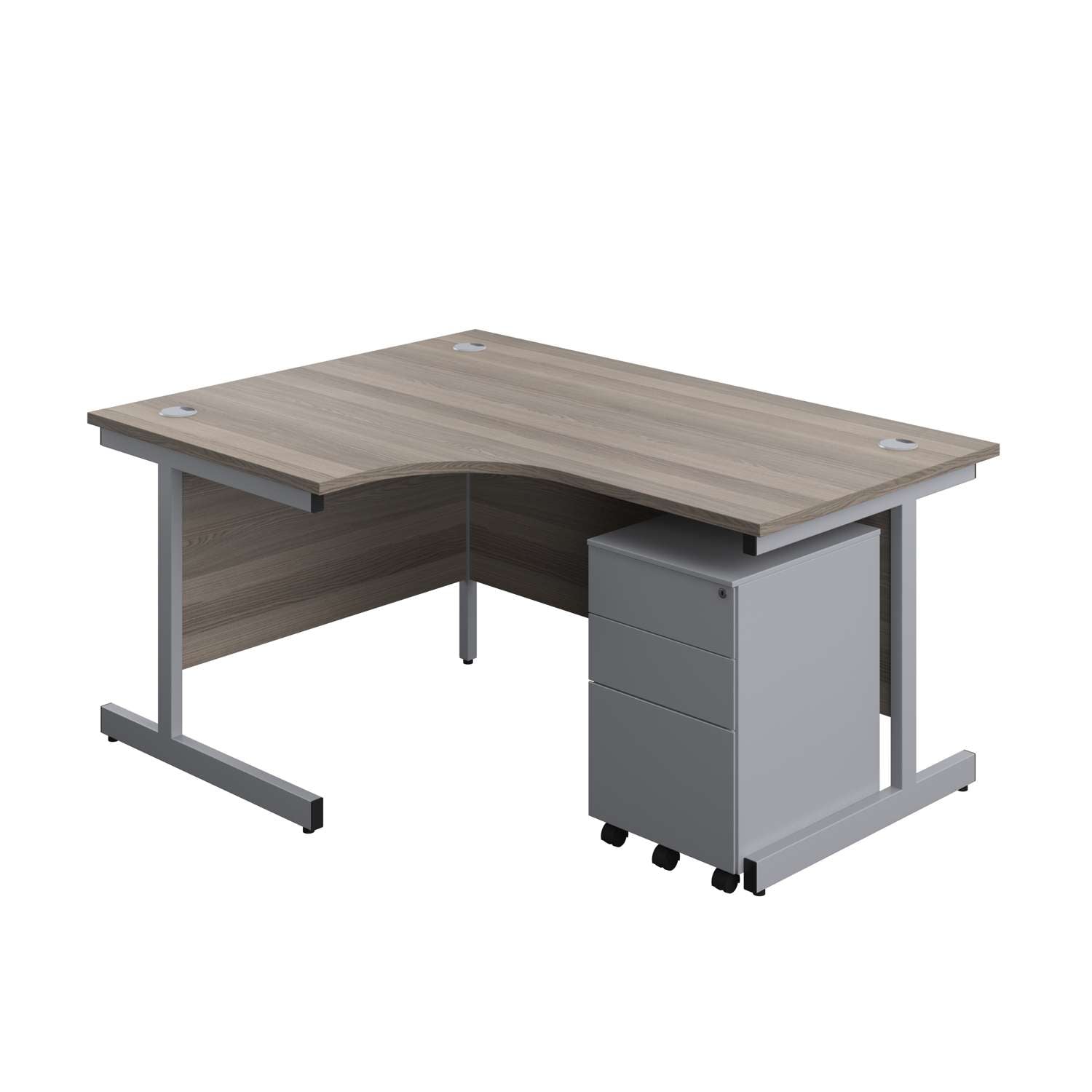 Single Upright Left Hand Radial Desk + Under Desk Steel Pedestal 3 Drawers (FSC) | 1600 X 1200 | Grey Oak/Silver