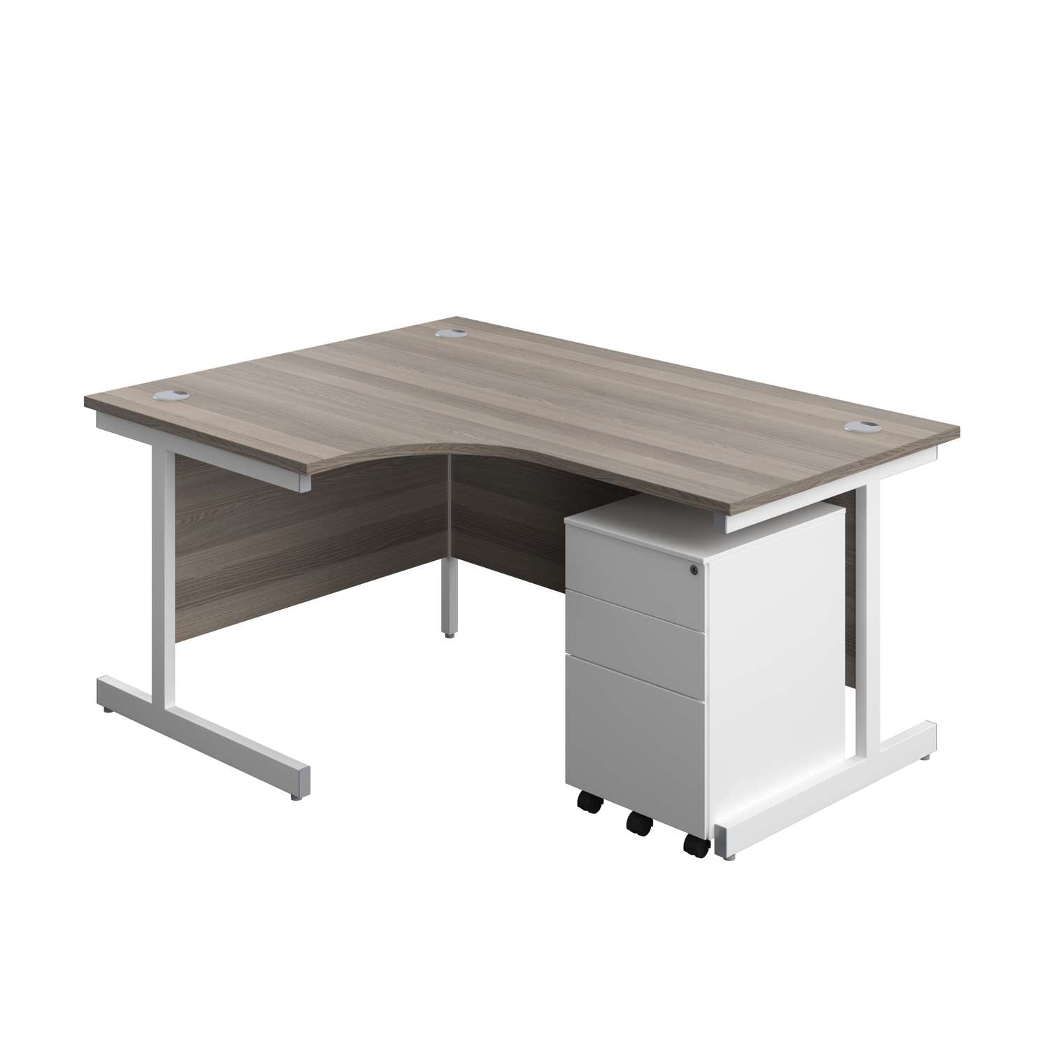 Single Upright Left Hand Radial Desk + Under Desk Steel Pedestal 3 Drawers (FSC) | 1600 X 1200 | Grey Oak/White