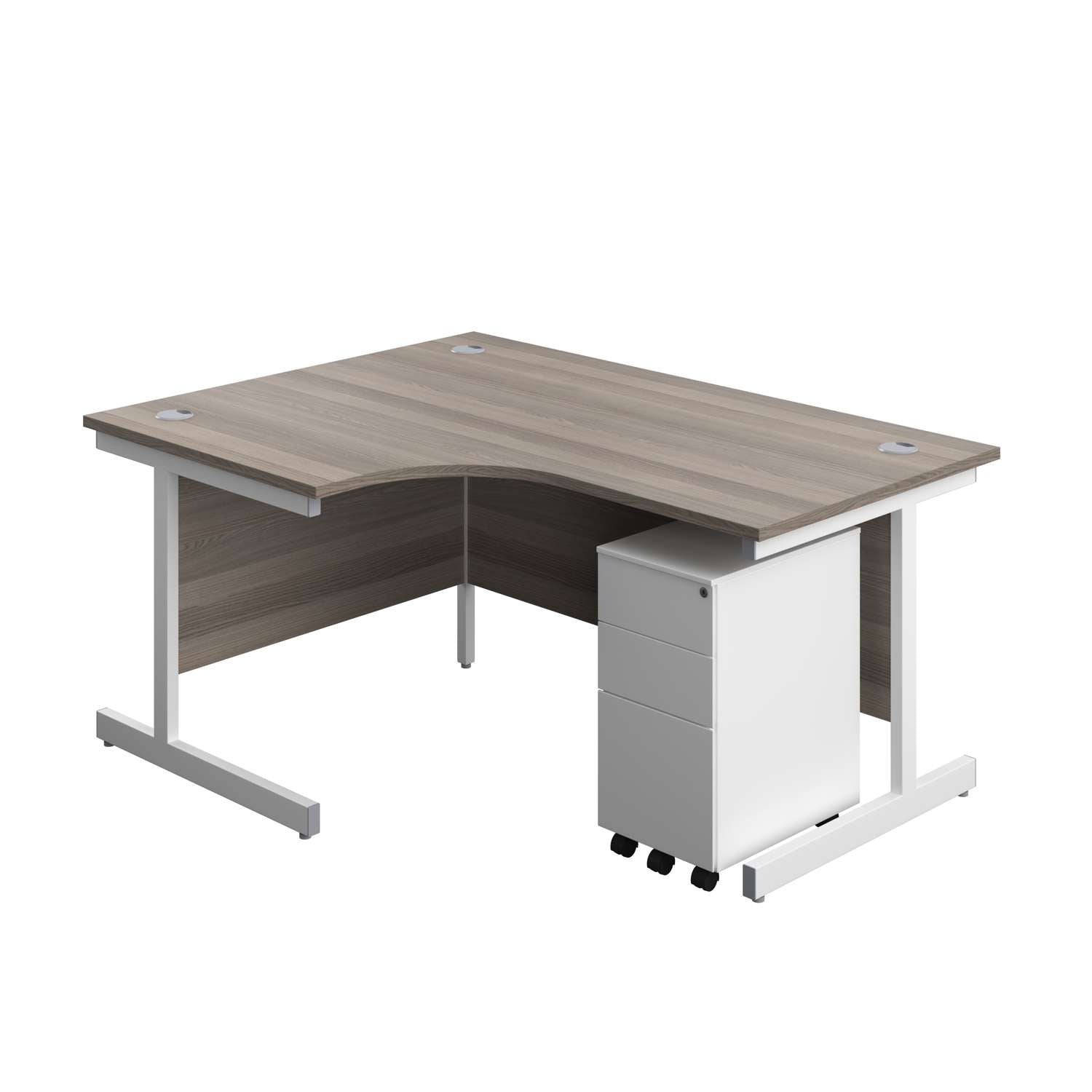 Single Upright Left Hand Radial Desk + Slimline Steel Pedestal 3 Drawers (FSC) | 1600 X 1200 | Grey Oak/White