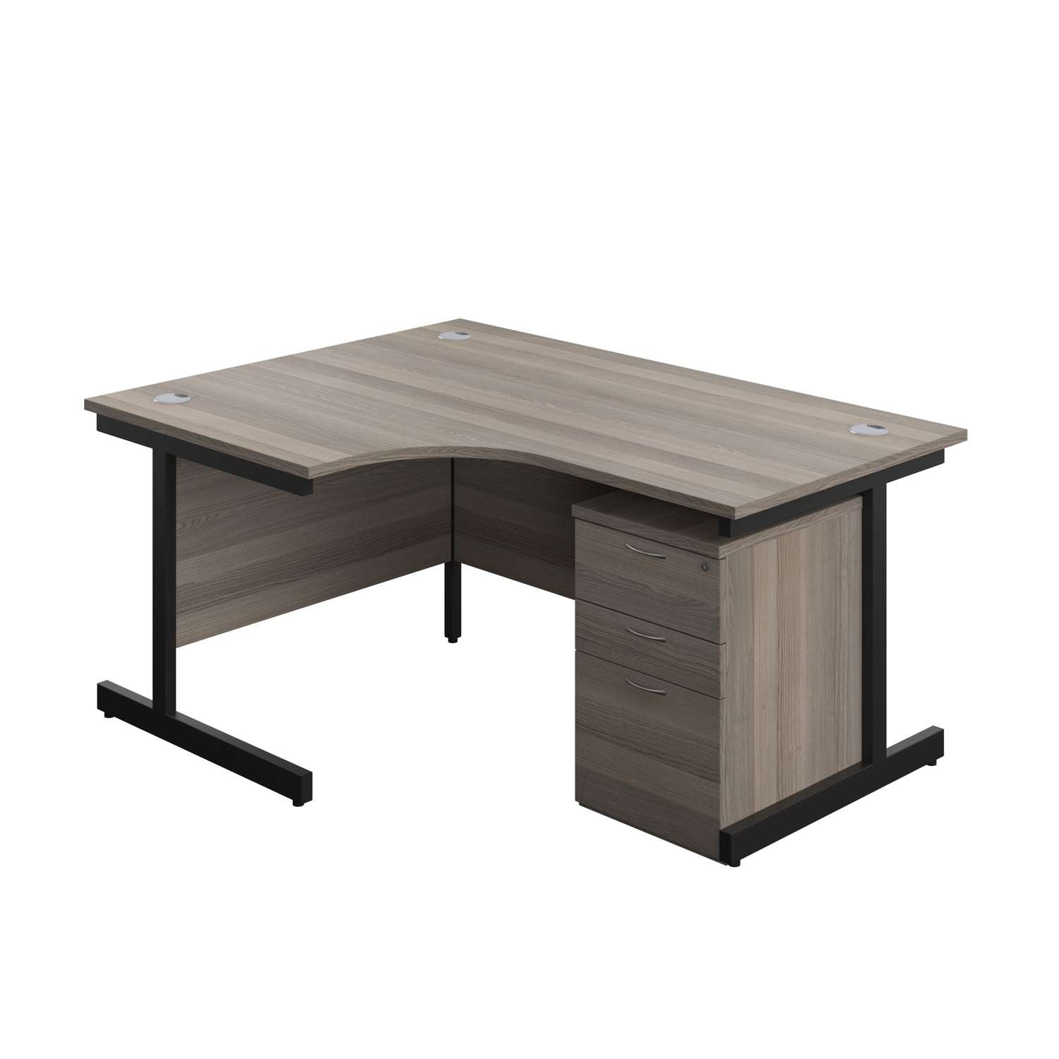 Single Upright Left Hand Radial Desk + High Mobile Pedestal 3 Drawer (FSC) | 1600 X 1200 | Grey Oak/Black
