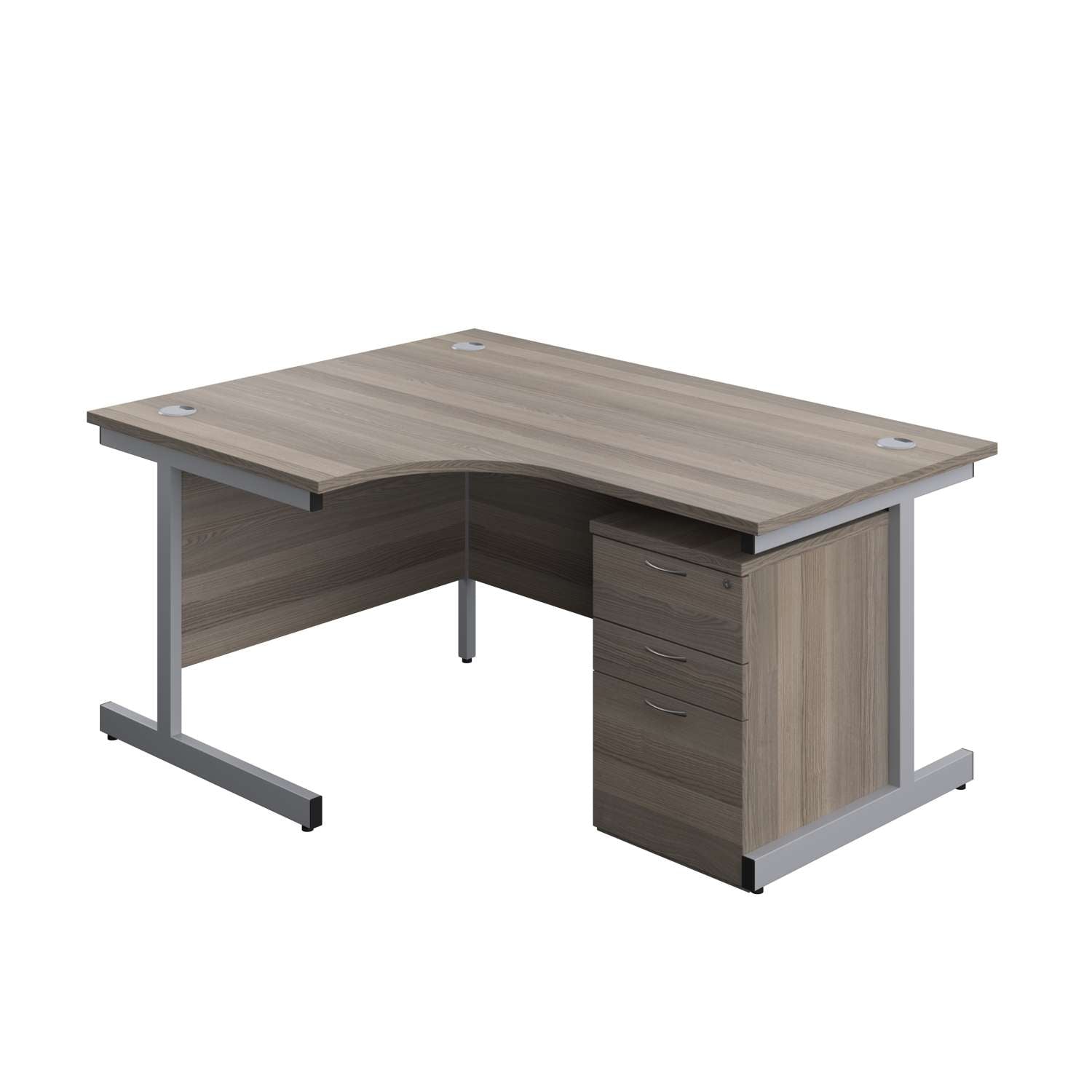 Single Upright Left Hand Radial Desk + High Mobile Pedestal 3 Drawer (FSC) | 1600 X 1200 | Grey Oak/Silver