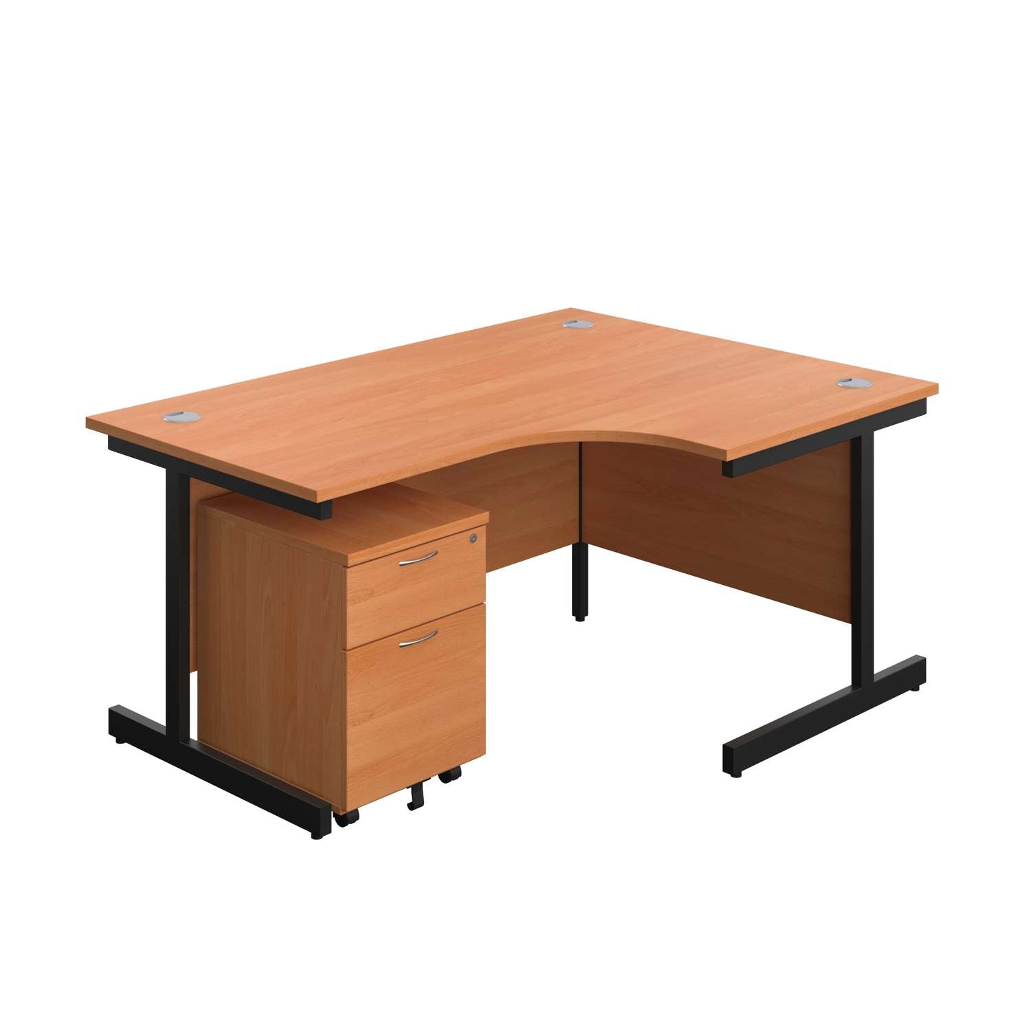Single Upright Right Hand Radial Desk + Mobile 2 Drawer Pedestal (FSC) | 1600 X 1200 | Beech/Black
