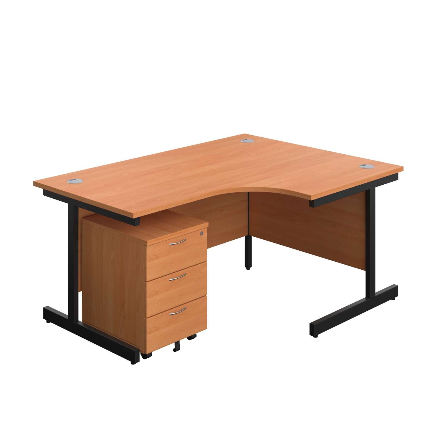 Single Upright Right Hand Radial Desk + Mobile 3 Drawer Pedestal (FSC) | 1600 X 1200 | Beech/Black