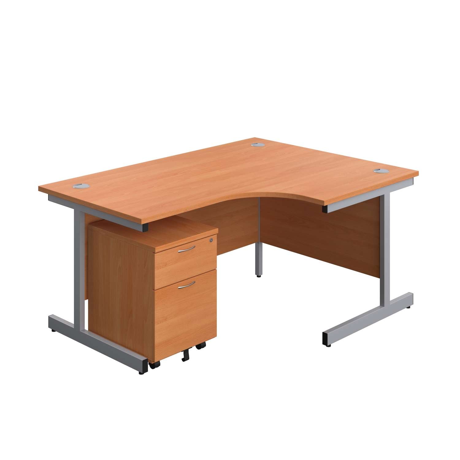 Single Upright Right Hand Radial Desk + Mobile 2 Drawer Pedestal (FSC) | 1600 X 1200 | Beech/Silver