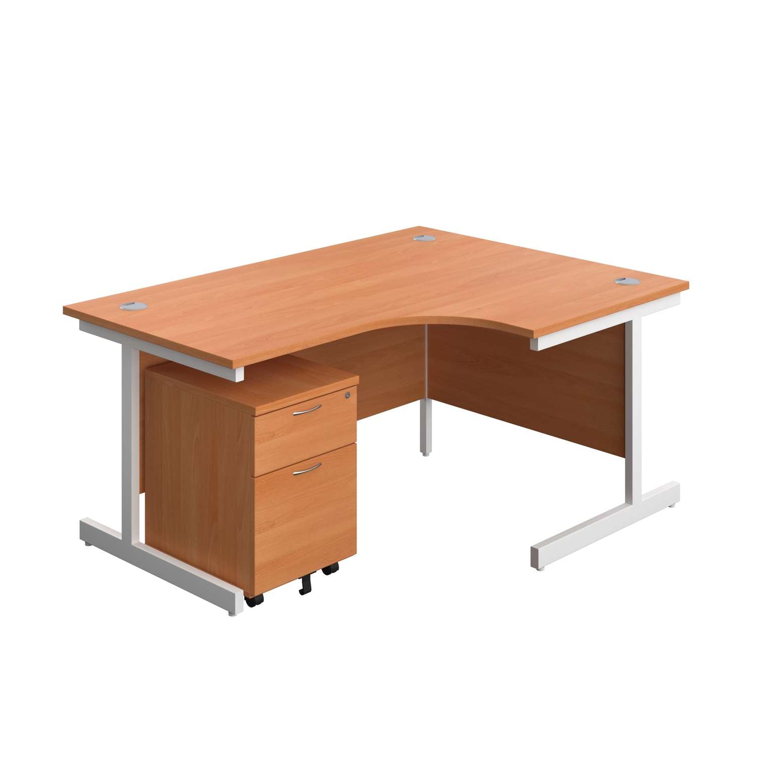 Single Upright Right Hand Radial Desk + Mobile 2 Drawer Pedestal (FSC) | 1600 X 1200 | Beech/White