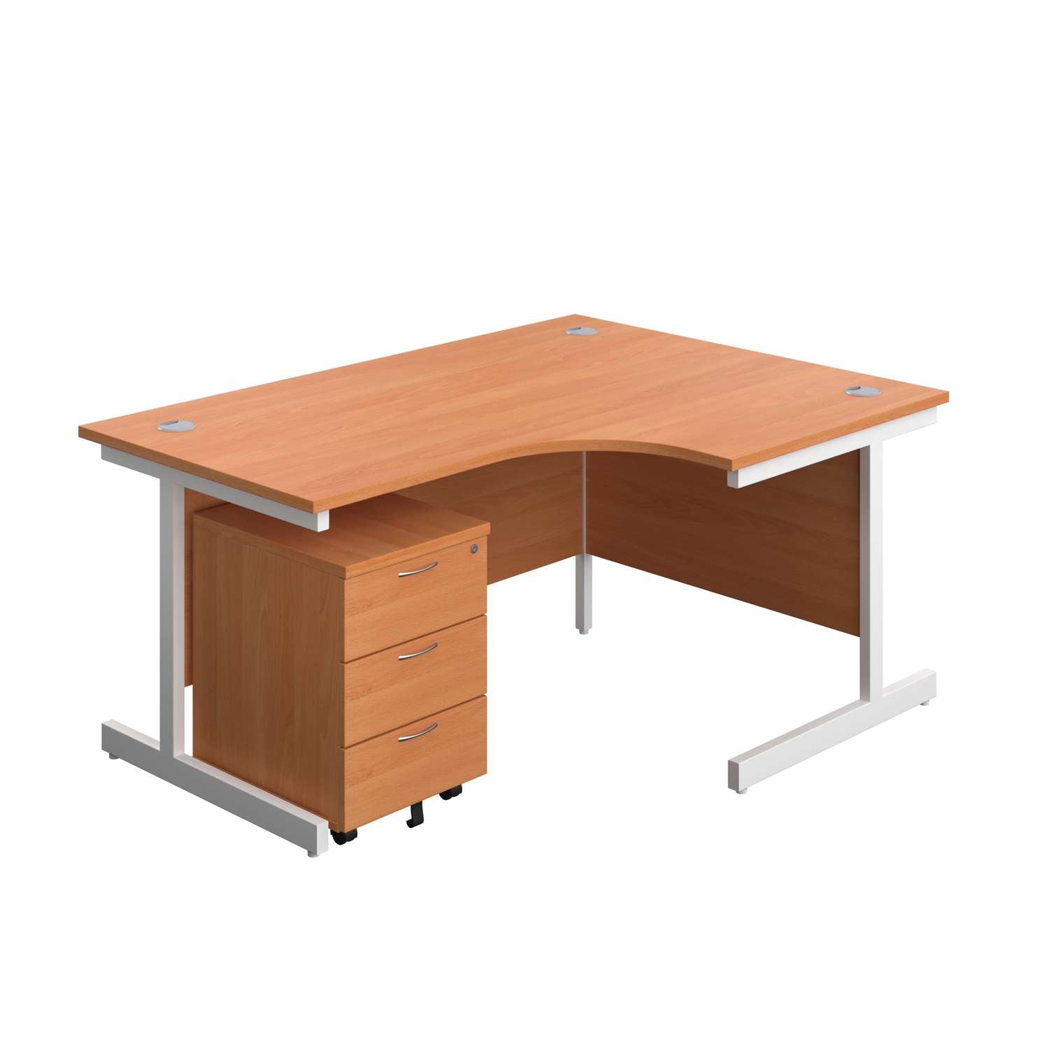 Single Upright Right Hand Radial Desk + Mobile 3 Drawer Pedestal (FSC) | 1600 X 1200 | Beech/White