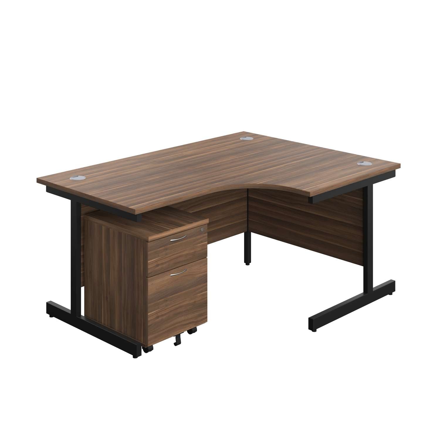 Single Upright Right Hand Radial Desk + Mobile 2 Drawer Pedestal (FSC) | 1600 X 1200 | Dark Walnut/Black
