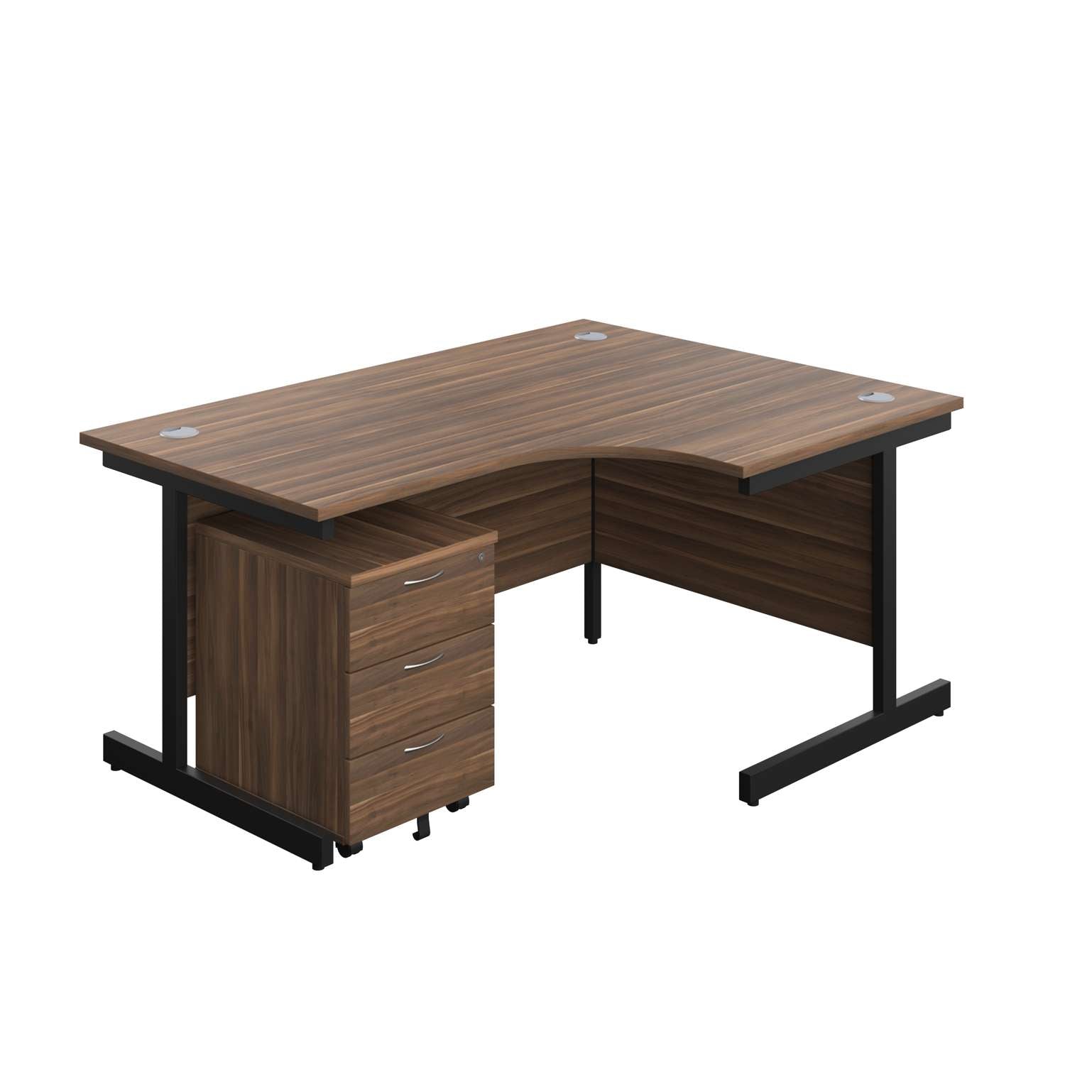 Single Upright Right Hand Radial Desk + Mobile 3 Drawer Pedestal (FSC) | 1600 X 1200 | Dark Walnut/Black