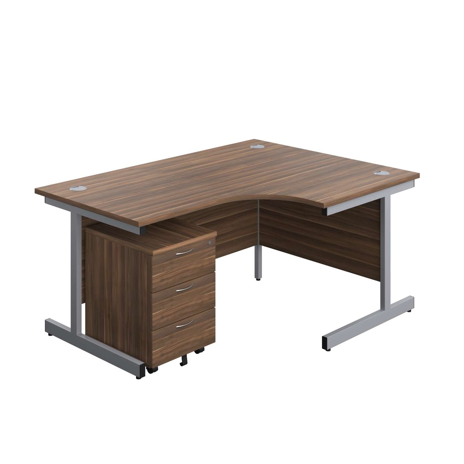 Single Upright Right Hand Radial Desk + Mobile 3 Drawer Pedestal (FSC) | 1600 X 1200 | Dark Walnut/Silver