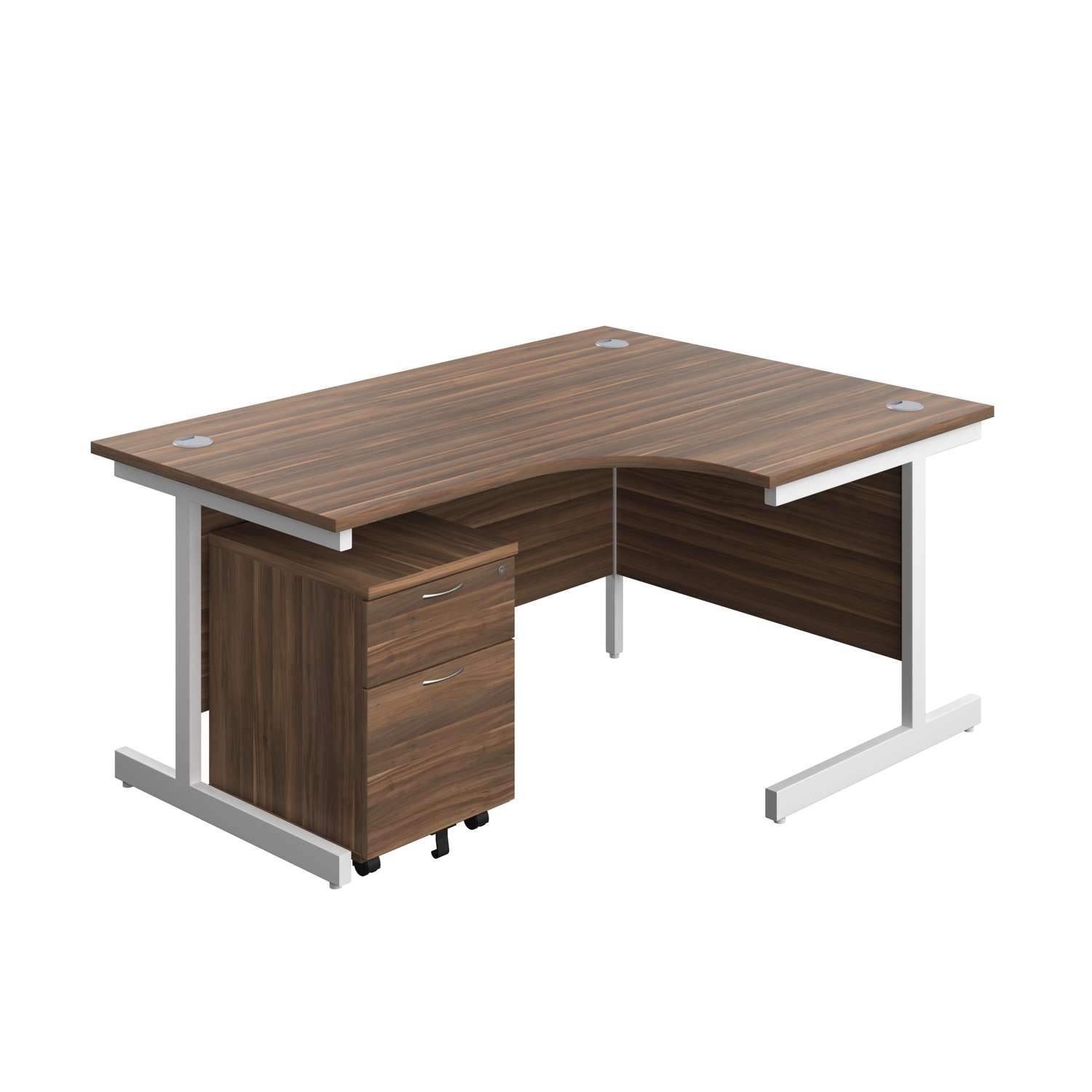 Single Upright Right Hand Radial Desk + Mobile 2 Drawer Pedestal (FSC) | 1600 X 1200 | Dark Walnut/White