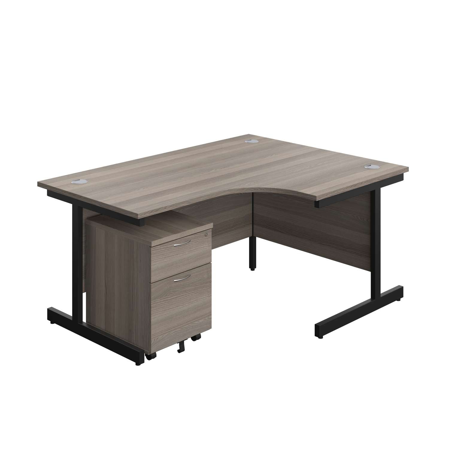 Single Upright Right Hand Radial Desk + Mobile 2 Drawer Pedestal (FSC) | 1600 X 1200 | Grey Oak/Black