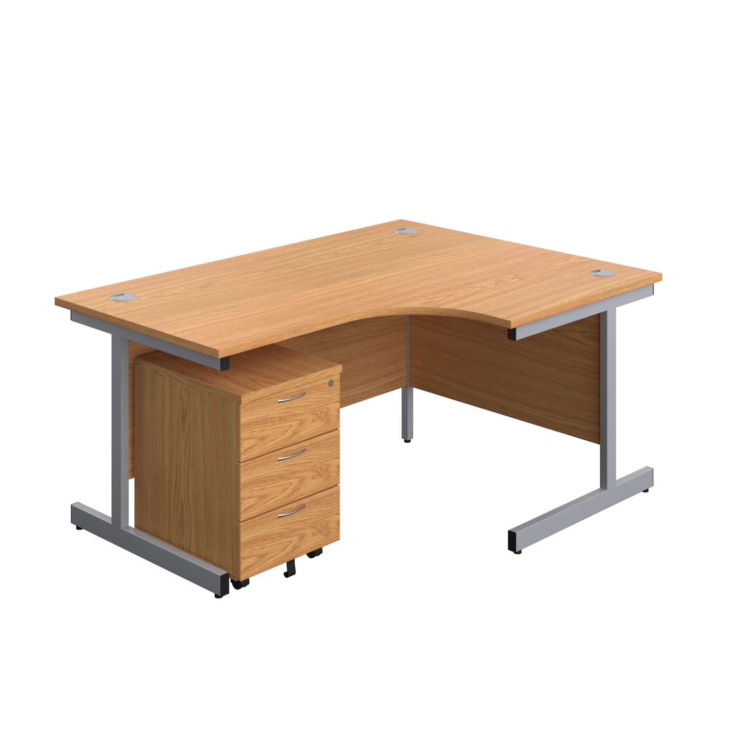 Single Upright Right Hand Radial Desk + Mobile 3 Drawer Pedestal (FSC) | 1600 X 1200 | Nova Oak/Silver