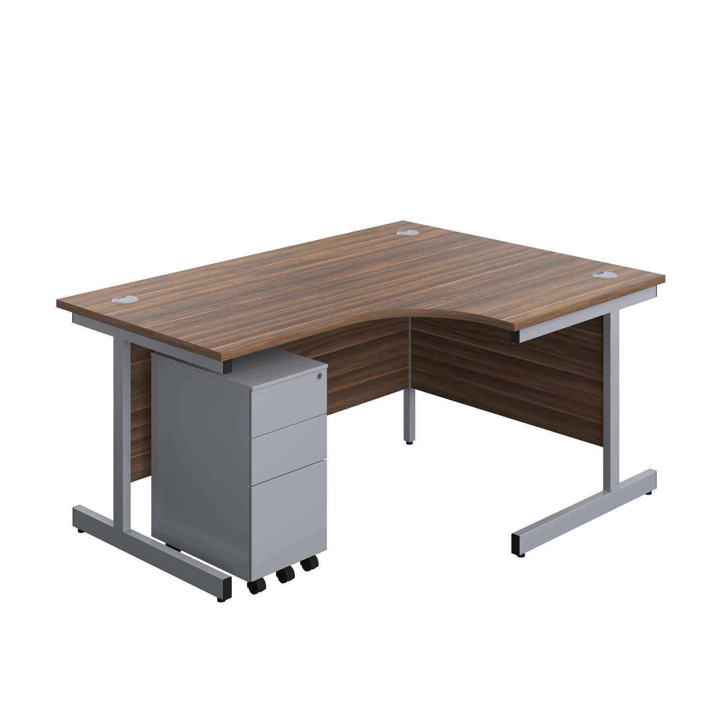 Single Upright Right Hand Radial Desk + Slimline Steel Pedestal 3 Drawers (FSC) | 1600 X 1200 | Dark Walnut/Silver