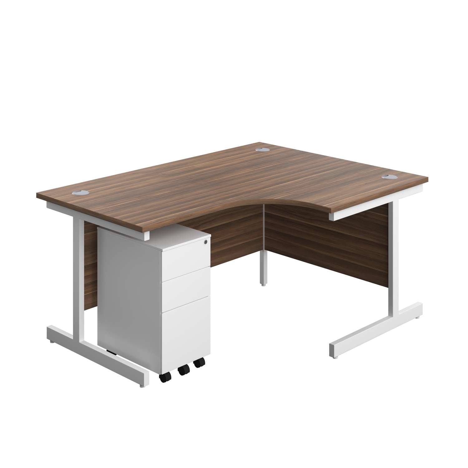 Single Upright Right Hand Radial Desk + Slimline Steel Pedestal 3 Drawers (FSC) | 1600 X 1200 | Dark Walnut/White