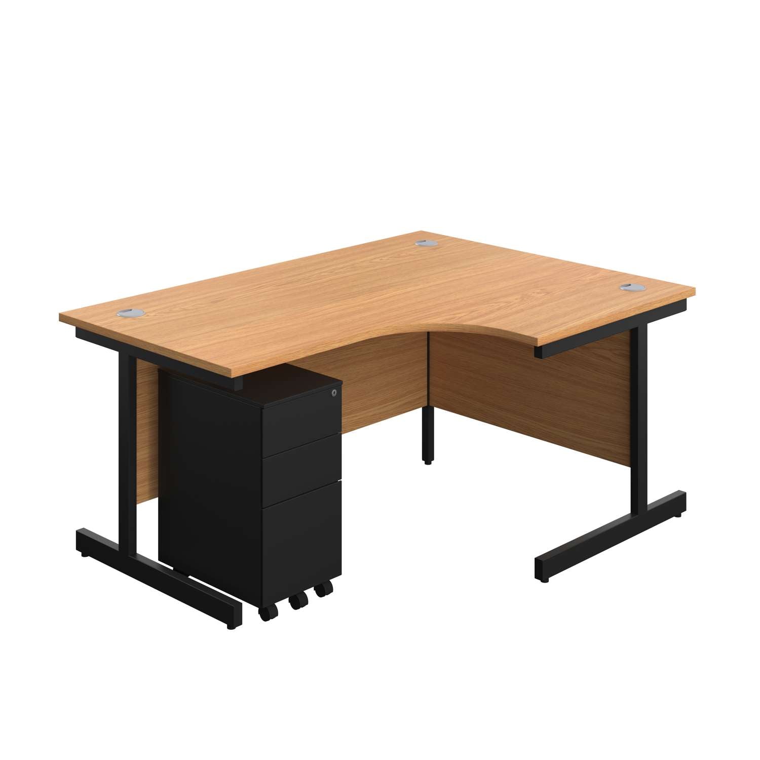 Single Upright Right Hand Radial Desk + Slimline Steel Pedestal 3 Drawers (FSC) | 1600 X 1200 | Nova Oak/Black