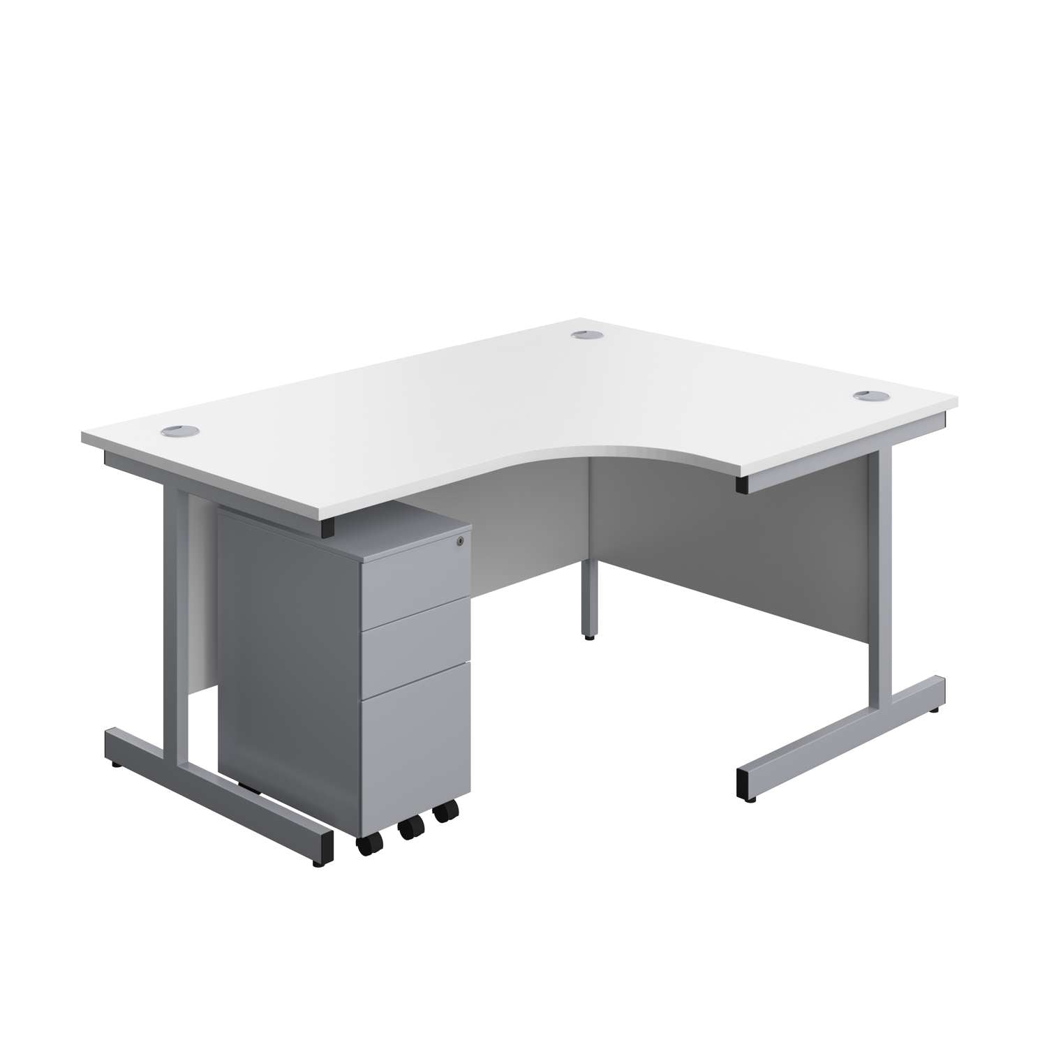 Single Upright Right Hand Radial Desk + Slimline Steel Pedestal 3 Drawers (FSC) | 1600 X 1200 | White/Silver