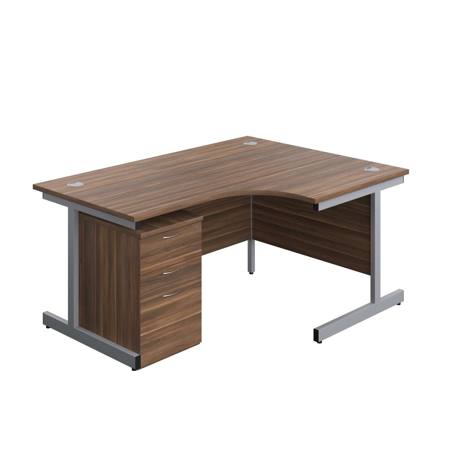 Single Upright Right Hand Radial Desk + High Mobile Pedestal 3 Drawer (FSC) | 1600 X 1200 | Dark Walnut/Silver