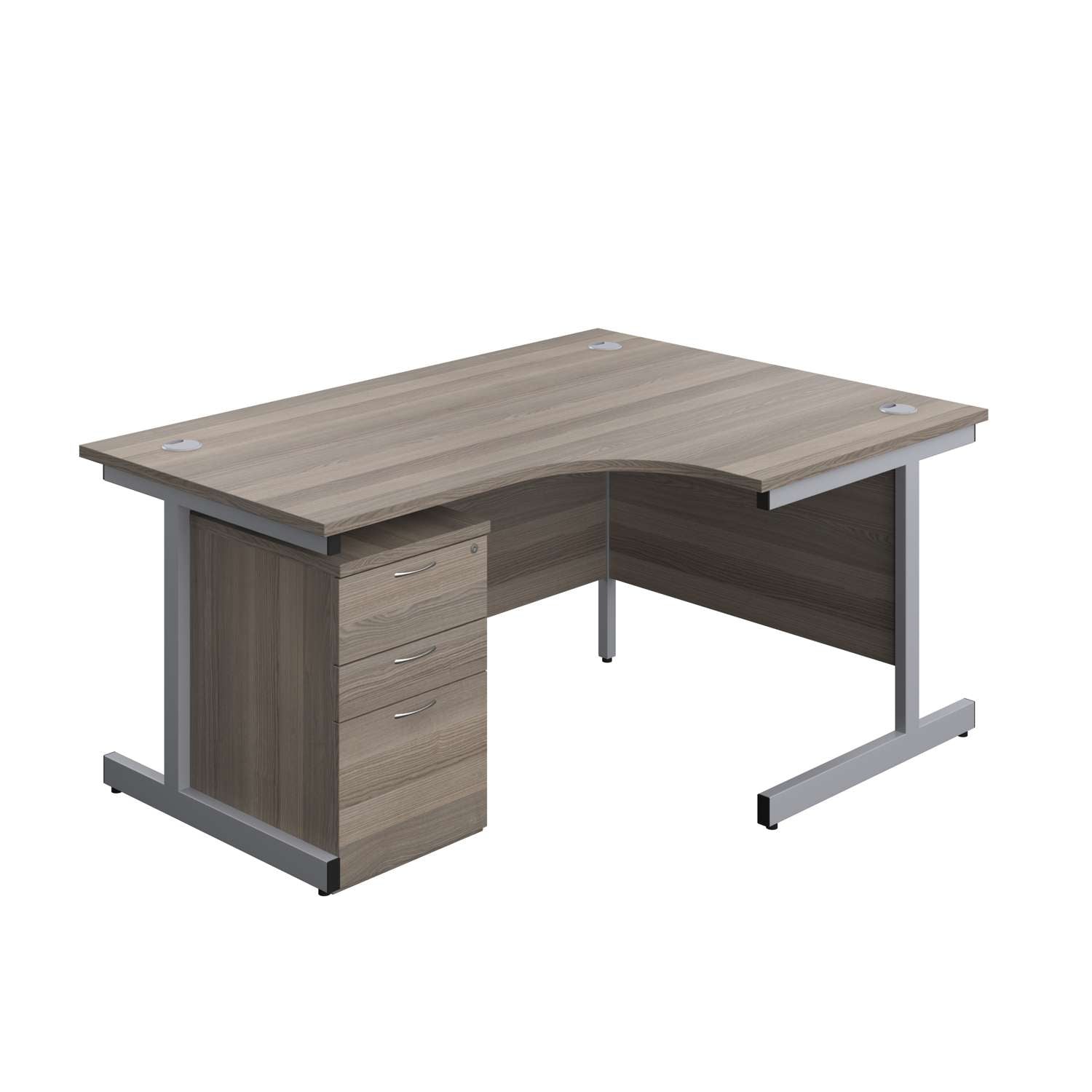 Single Upright Right Hand Radial Desk + High Mobile Pedestal 3 Drawer (FSC) | 1600 X 1200 | Grey Oak/Silver