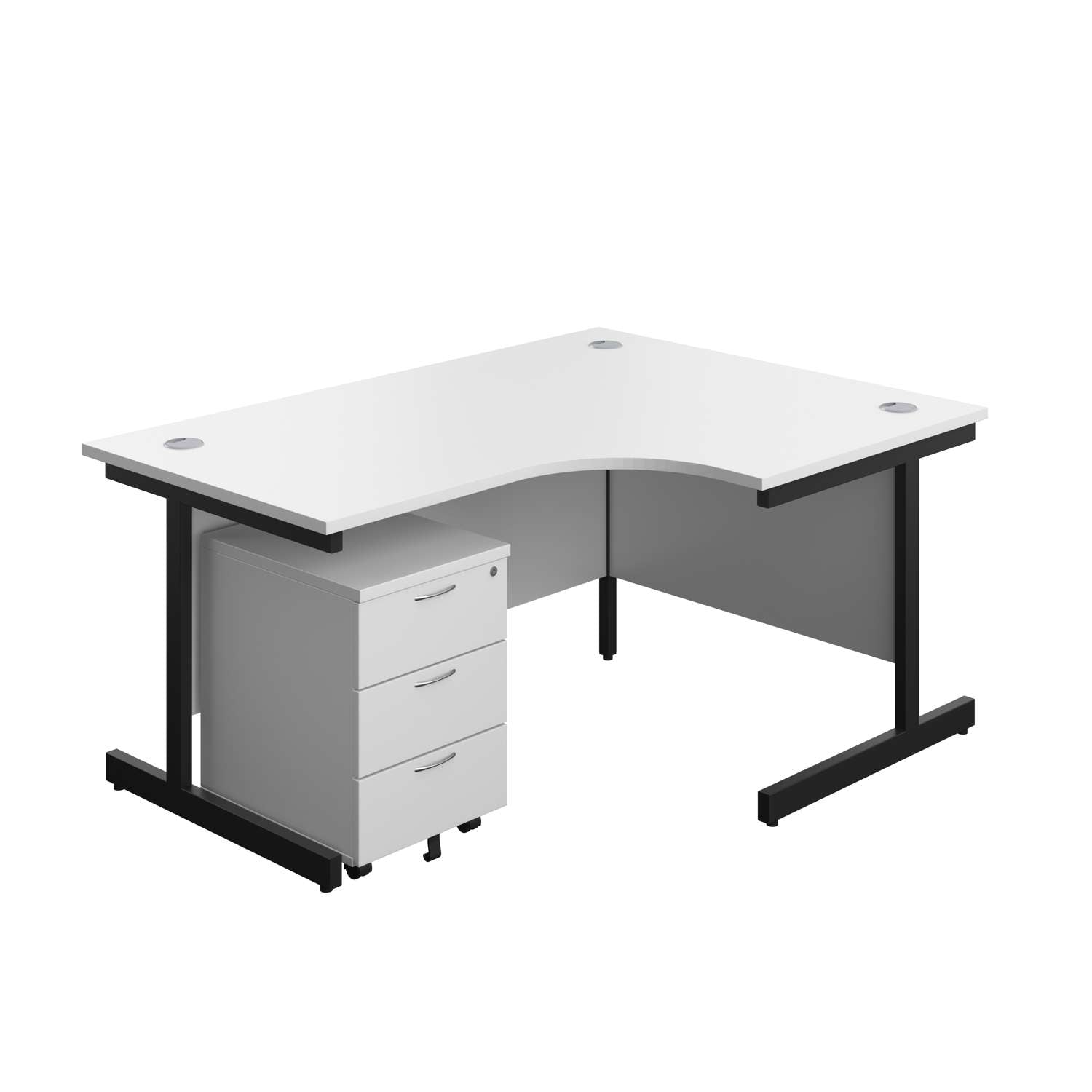 Single Upright Right Hand Radial Desk + Mobile 3 Drawer Pedestal (FSC) | 1600 X 1200 | White/Black