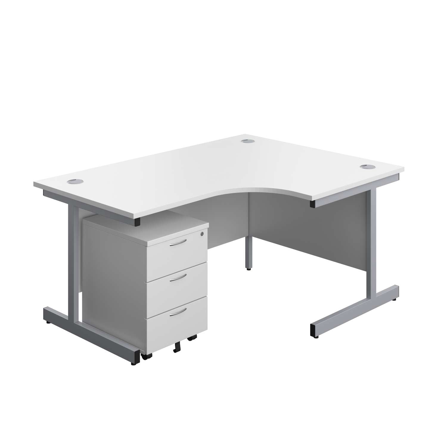 Single Upright Right Hand Radial Desk + Mobile 3 Drawer Pedestal (FSC) | 1600 X 1200 | White/Silver
