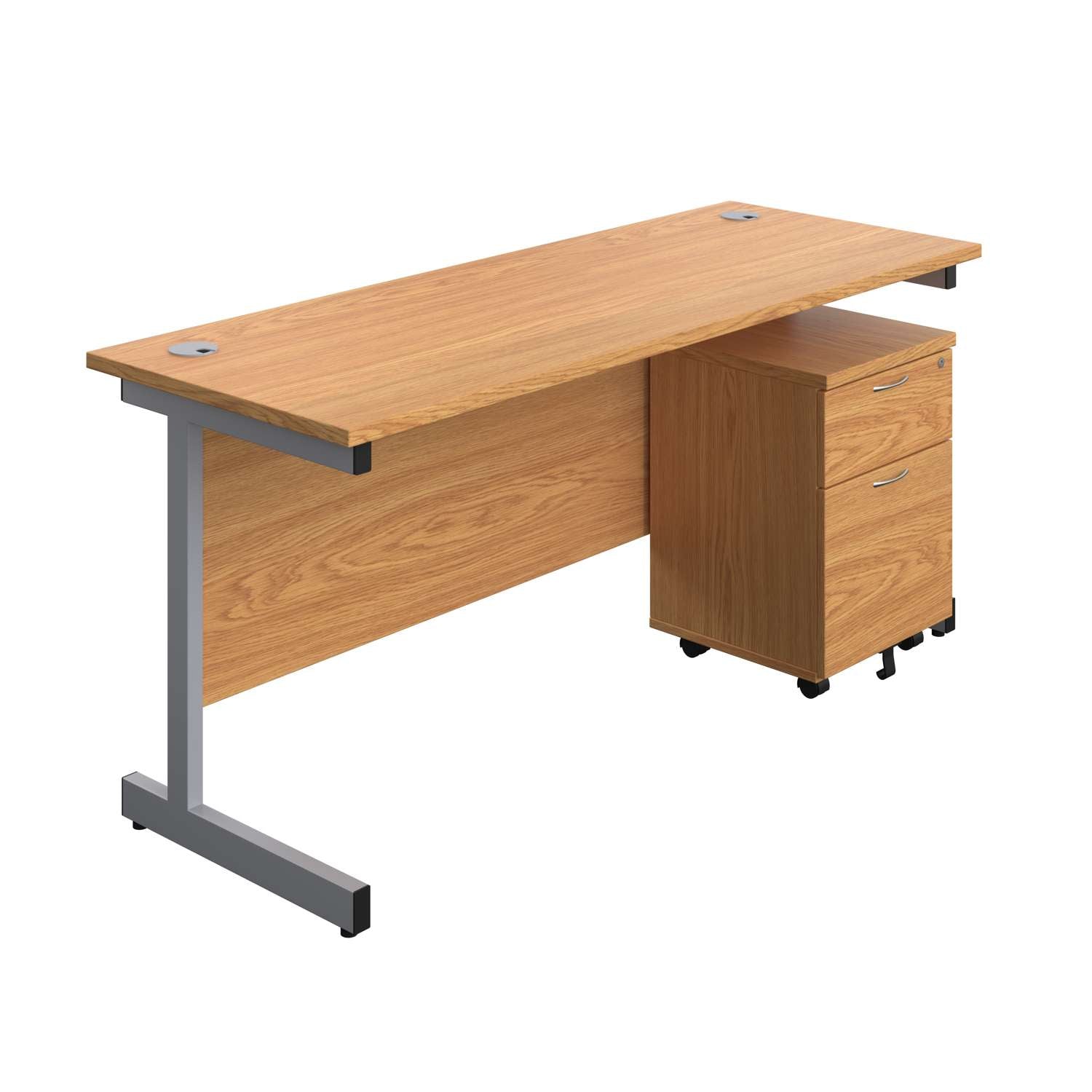 Single Upright Rectangular Desk + Mobile 2 Drawer Pedestal (FSC) | 1600 X 600 | Nova Oak/Silver