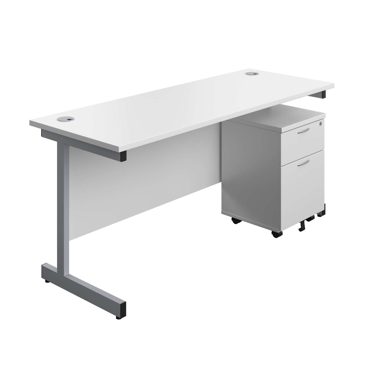 Single Upright Rectangular Desk + Mobile 2 Drawer Pedestal (FSC) | 1600 X 600 | White/Silver