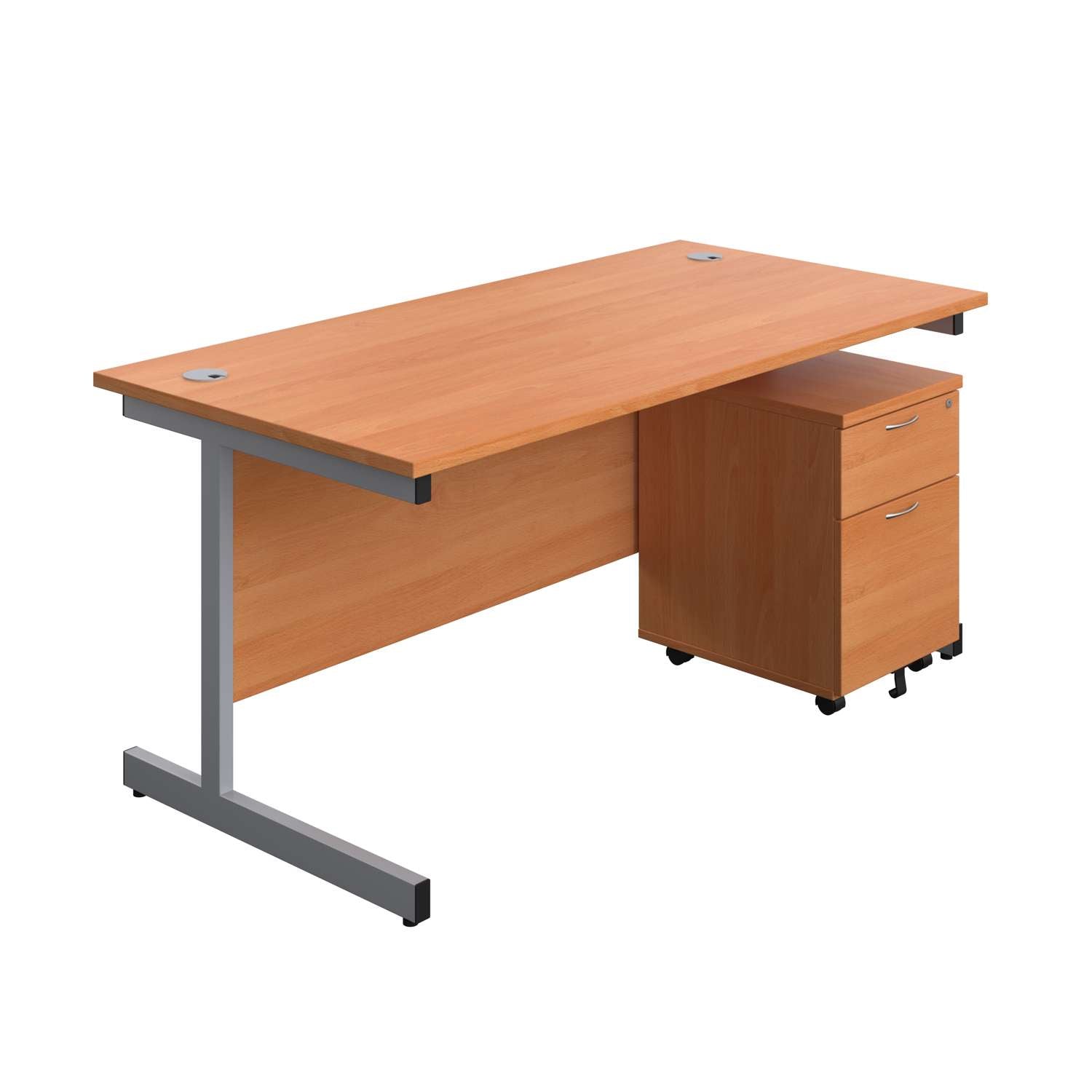 Single Upright Rectangular Desk + Mobile 2 Drawer Pedestal (FSC) | 1600 X 800 | Beech/Silver