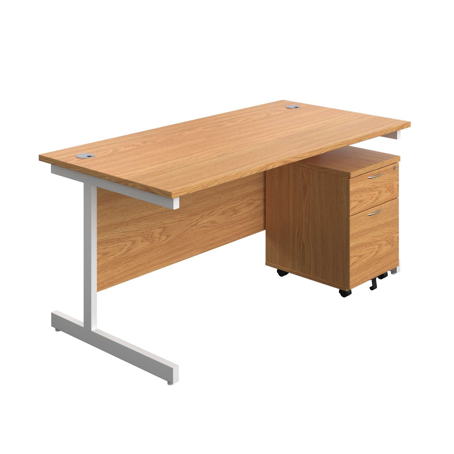 Single Upright Rectangular Desk + Mobile 2 Drawer Pedestal (FSC) | 1600 X 800 | Nova Oak/White