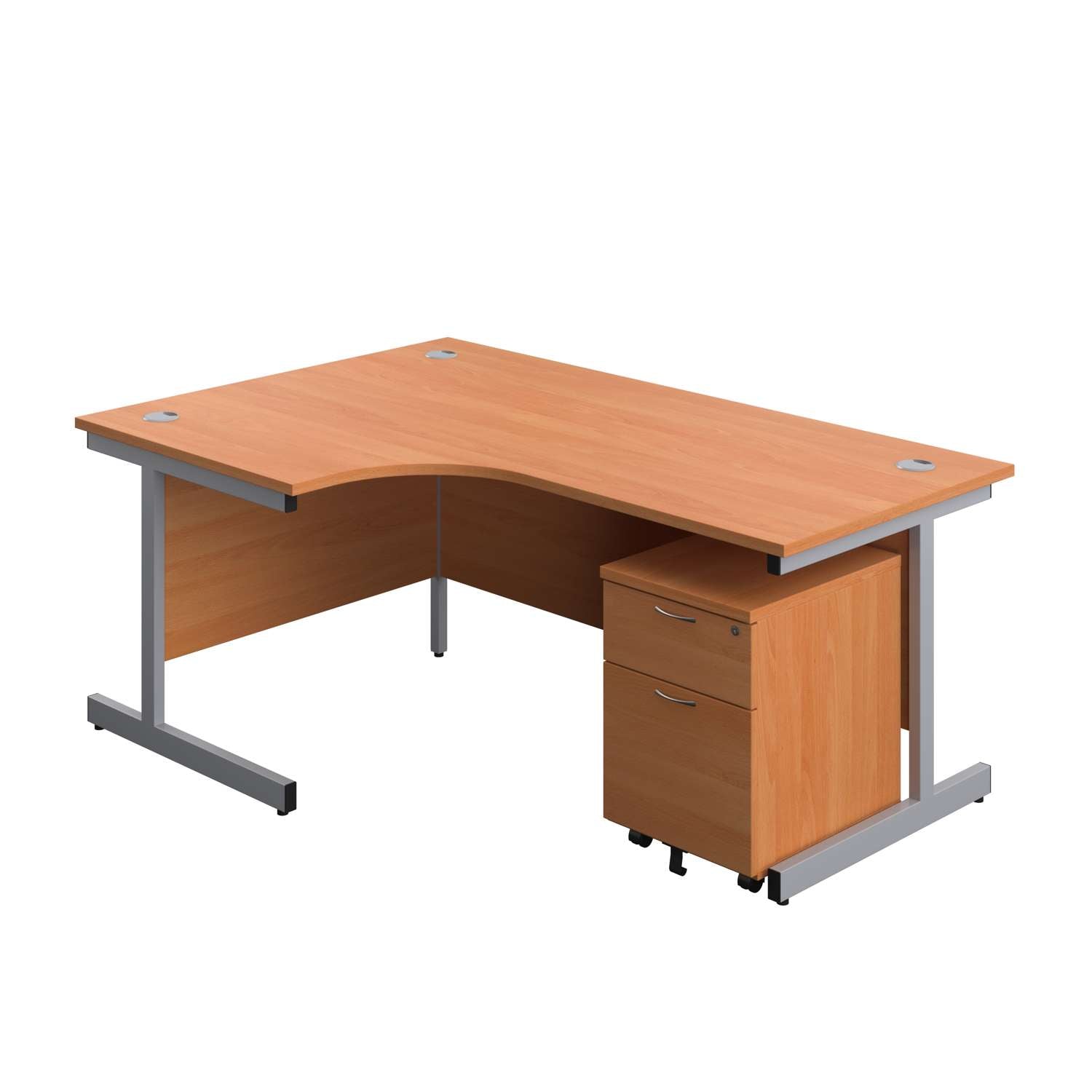 Single Upright Left Hand Radial Desk + Mobile 2 Drawer Pedestal (FSC) | 1800 X 1200 | Beech/Silver