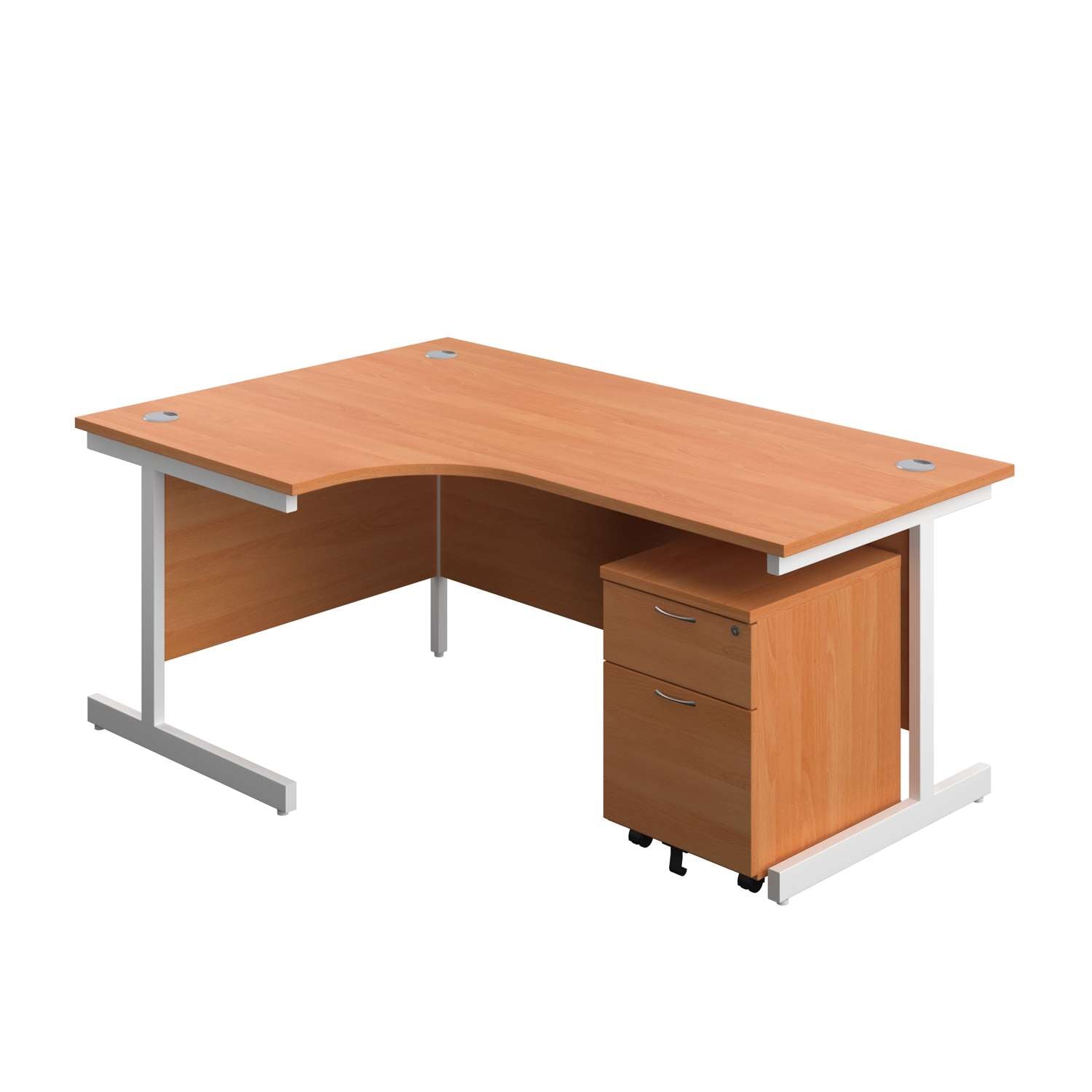 Single Upright Left Hand Radial Desk + Mobile 2 Drawer Pedestal (FSC) | 1800 X 1200 | Beech/White