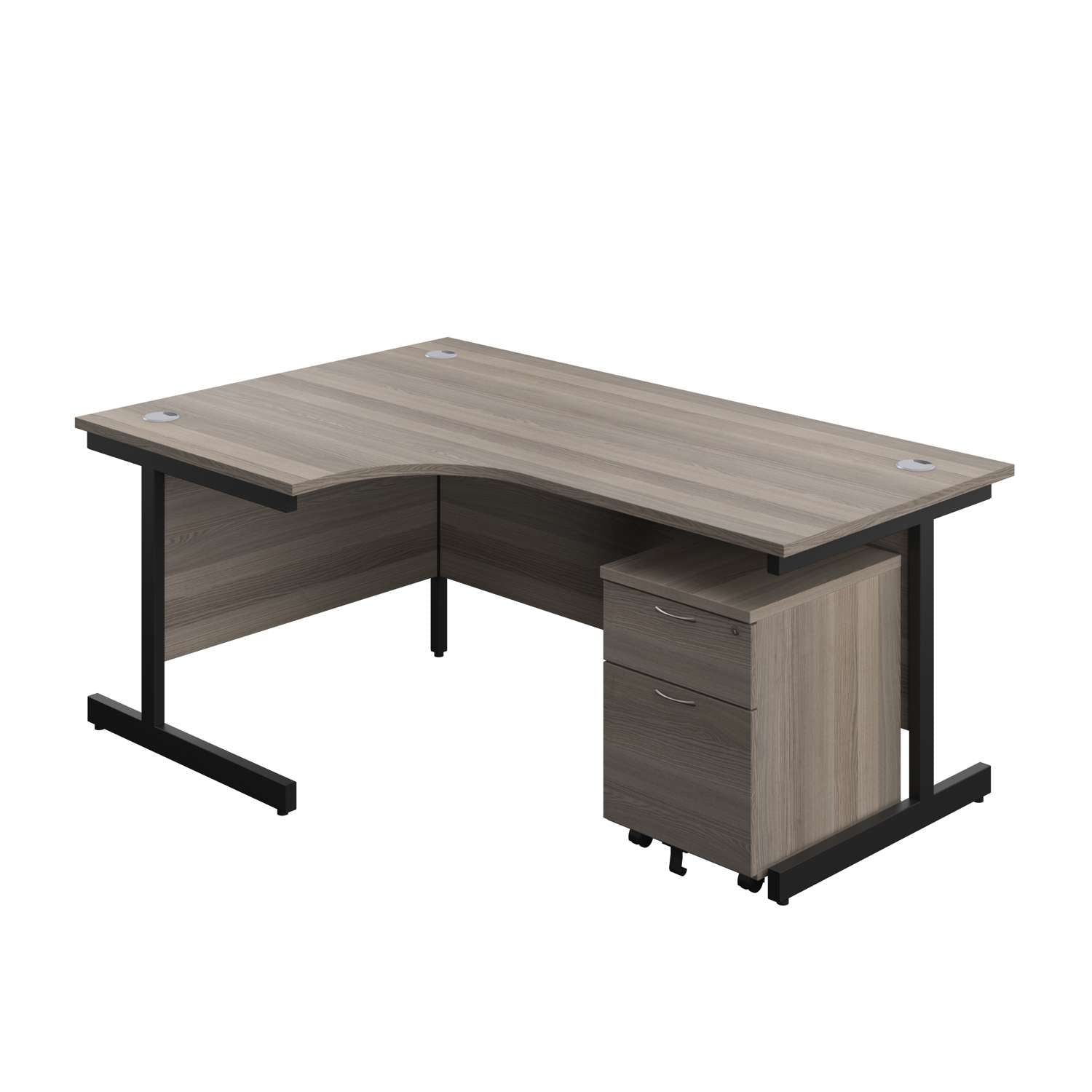 Single Upright Left Hand Radial Desk + Mobile 2 Drawer Pedestal (FSC) | 1800 X 1200 | Grey Oak/Black