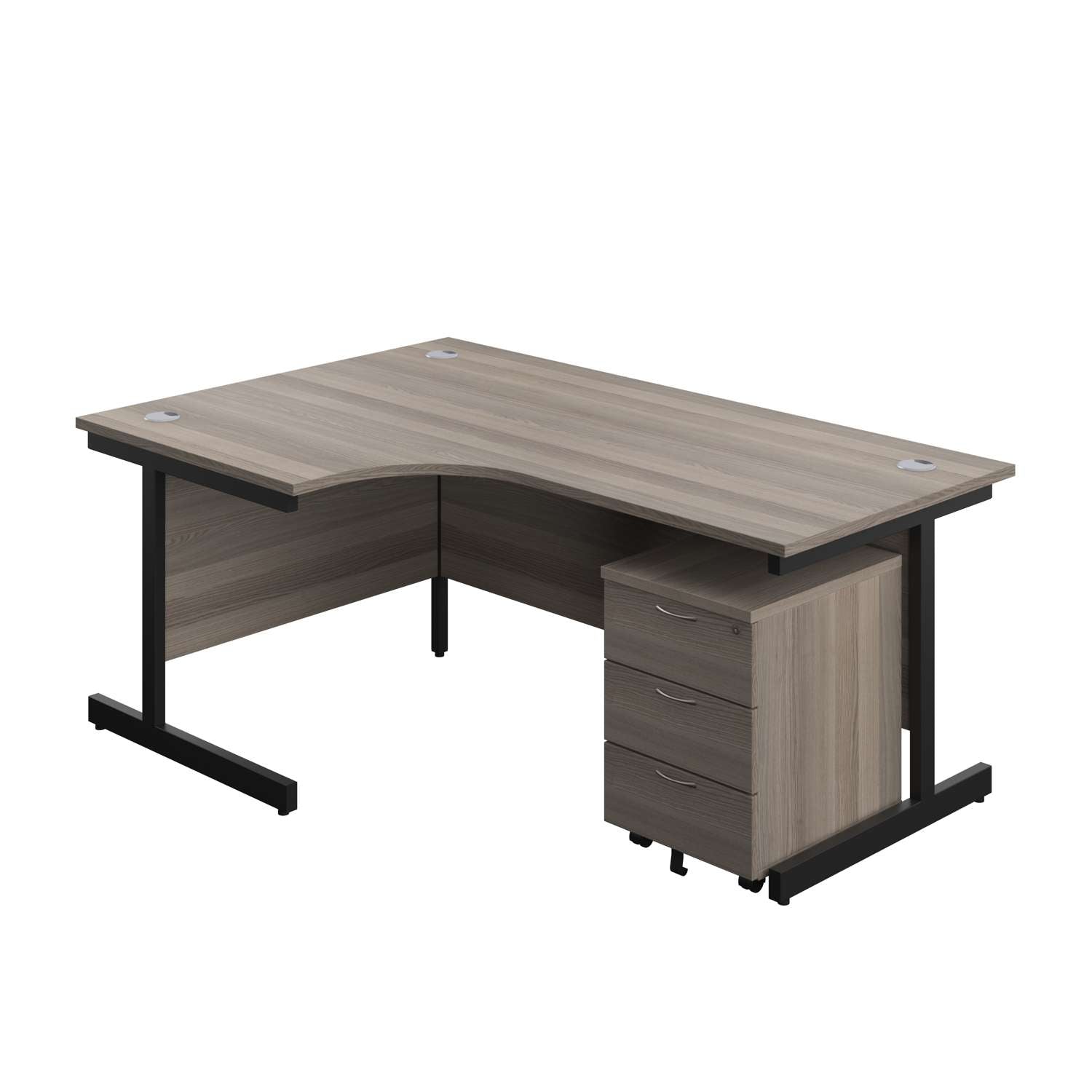 Single Upright Left Hand Radial Desk + Mobile 3 Drawer Pedestal (FSC) | 1800 X 1200 | Grey Oak/Black